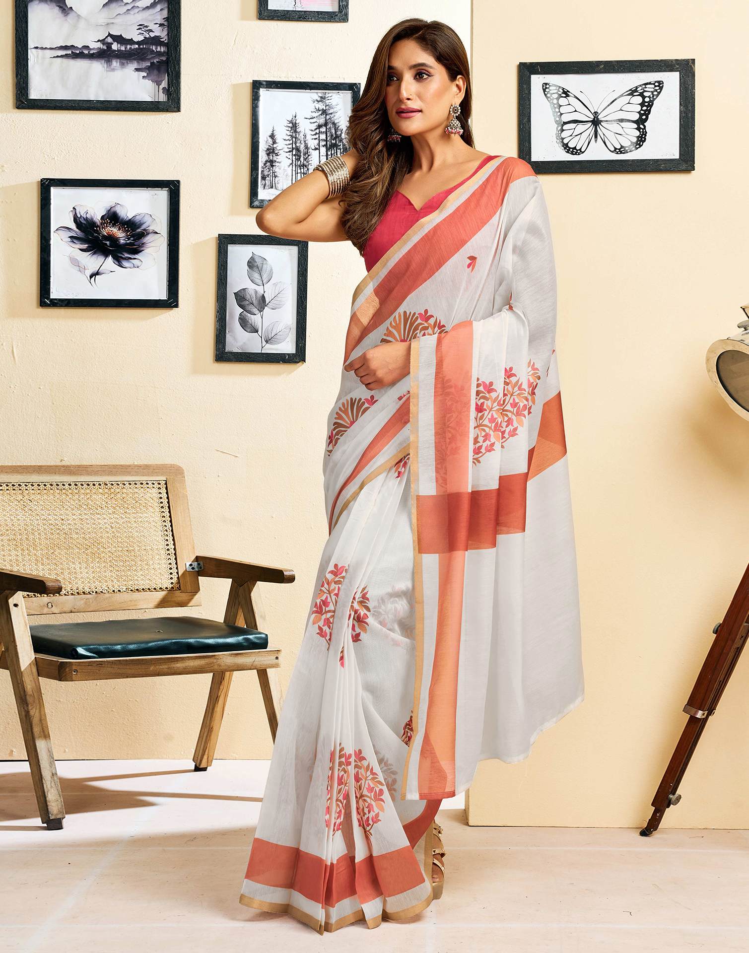 Ready To Wear White Linen Printed Saree