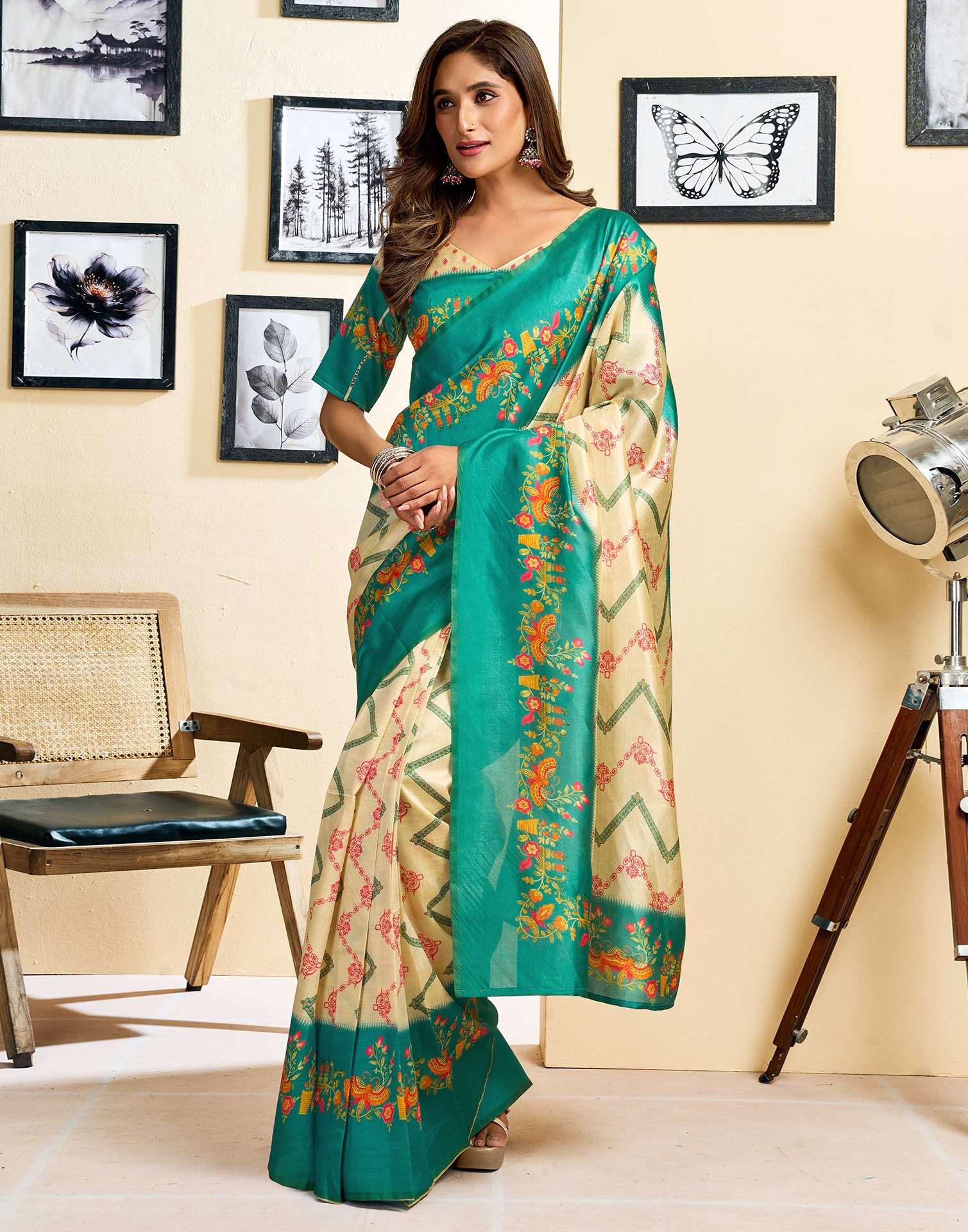 Ready To Wear Beige Silk Printed Saree