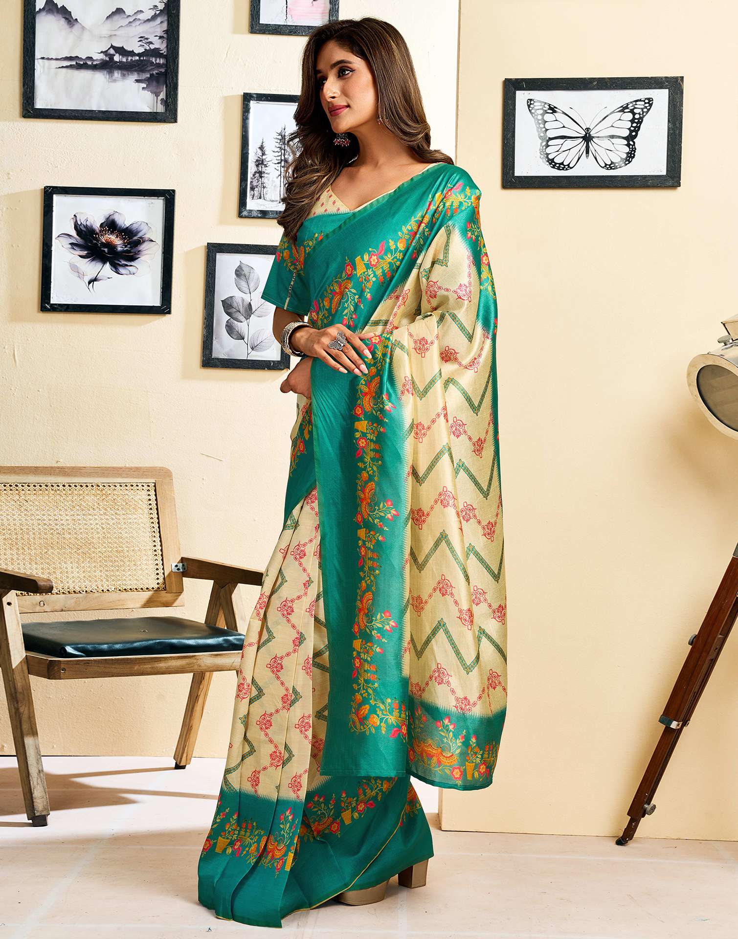 Ready To Wear Beige Silk Printed Saree