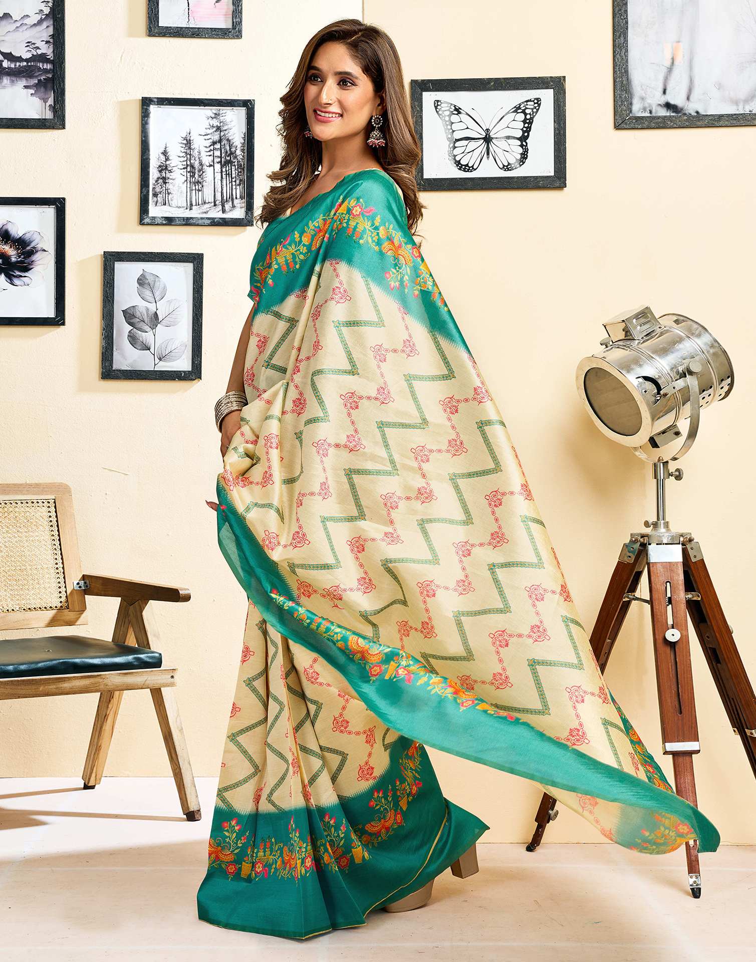 Ready To Wear Beige Silk Printed Saree