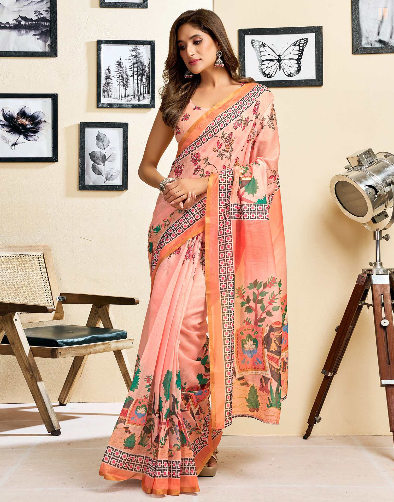 Ready To Wear Dark Peach Linen Printed Saree