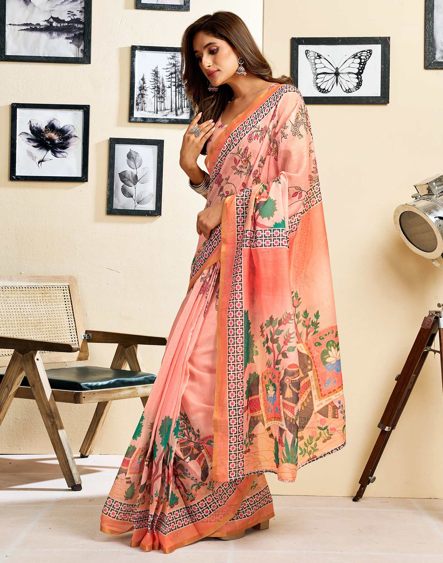 Ready To Wear Dark Peach Linen Printed Saree