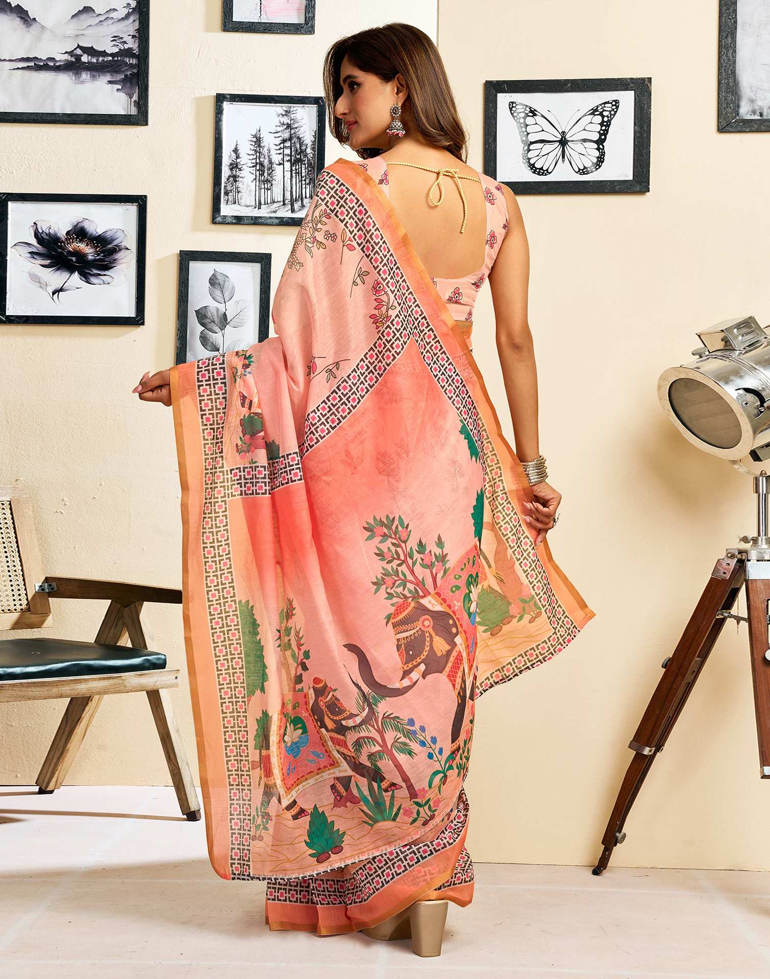 Ready To Wear Dark Peach Linen Printed Saree