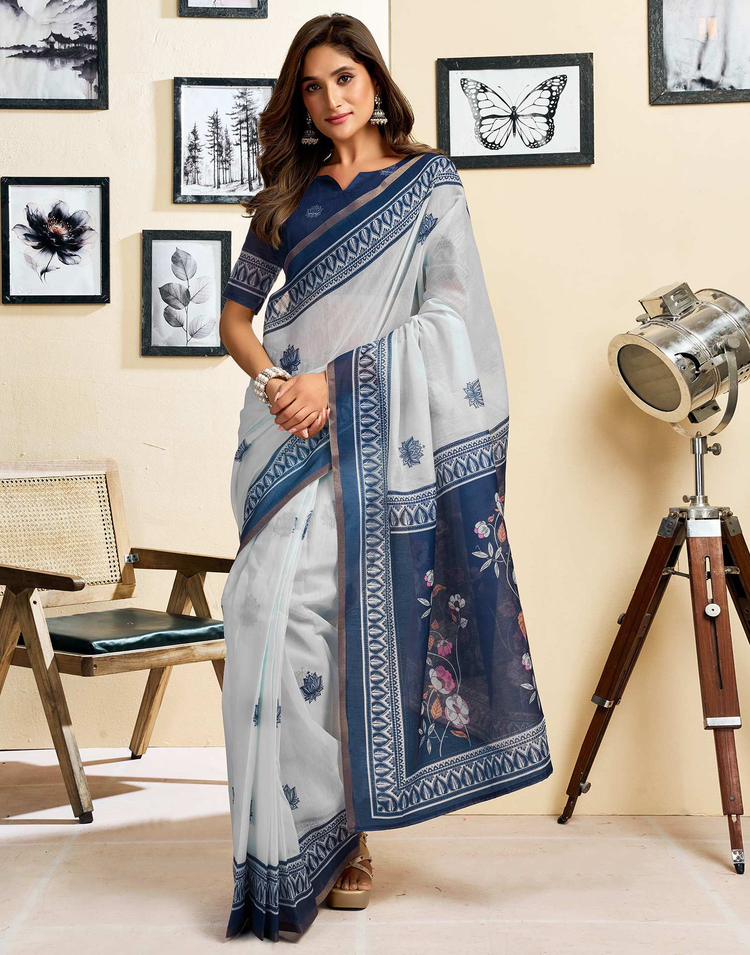 Ready To Wear White Linen Printed Saree