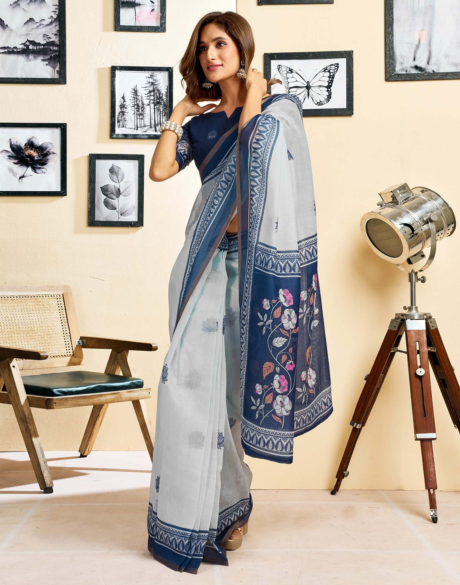 Ready To Wear White Linen Printed Saree