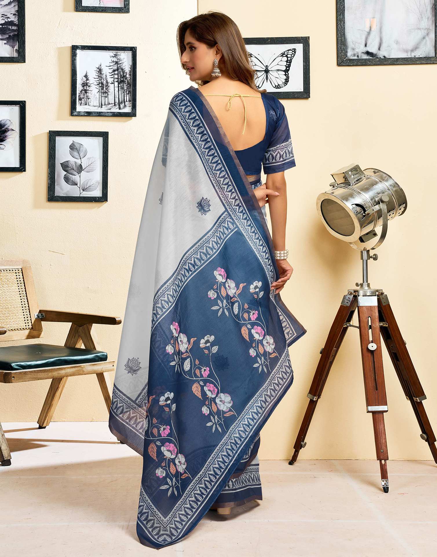 Ready To Wear White Linen Printed Saree