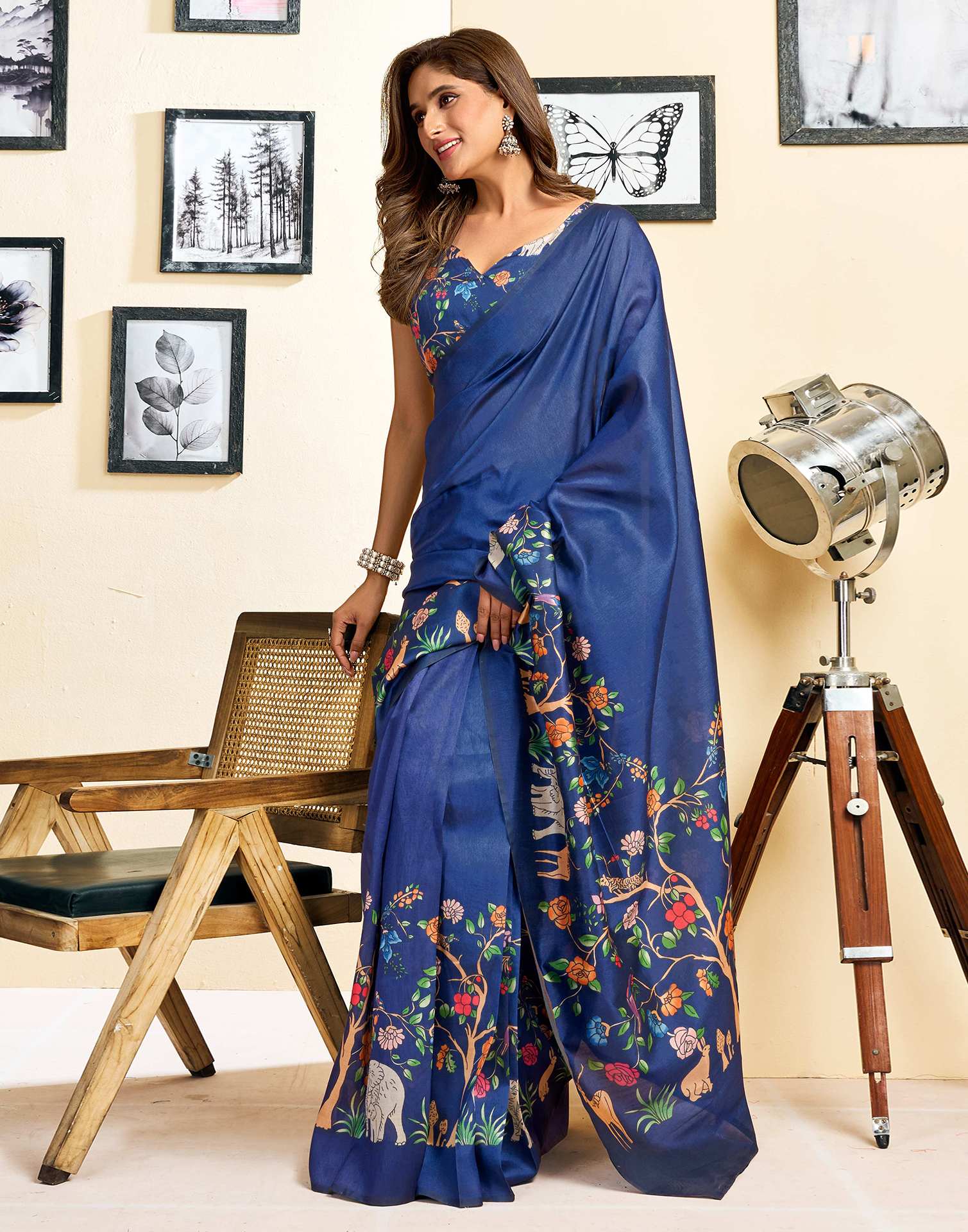 Ready To Wear Navy Blue Silk Printed Saree