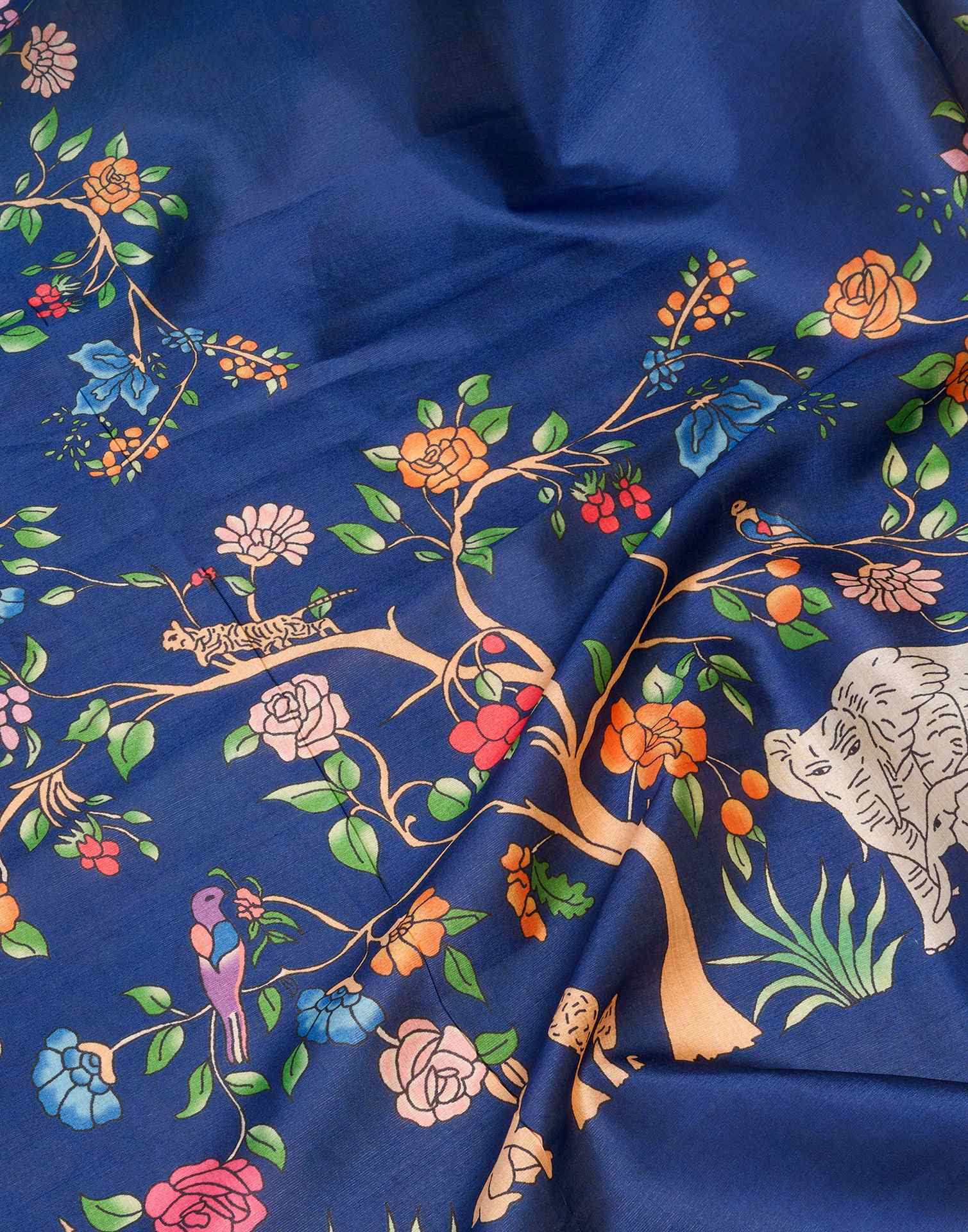 Ready To Wear Navy Blue Silk Printed Saree