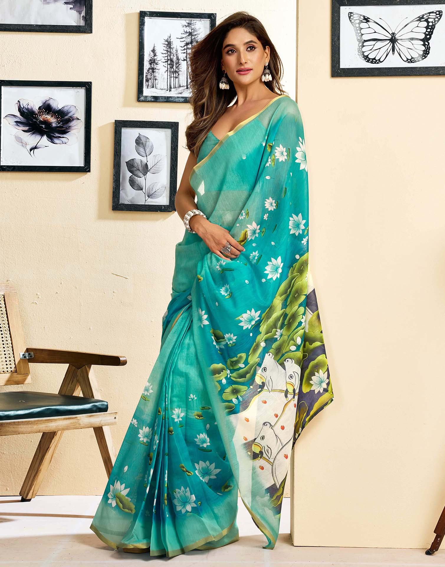 Ready To Wear Turquoise Blue Linen Floral Printed Saree