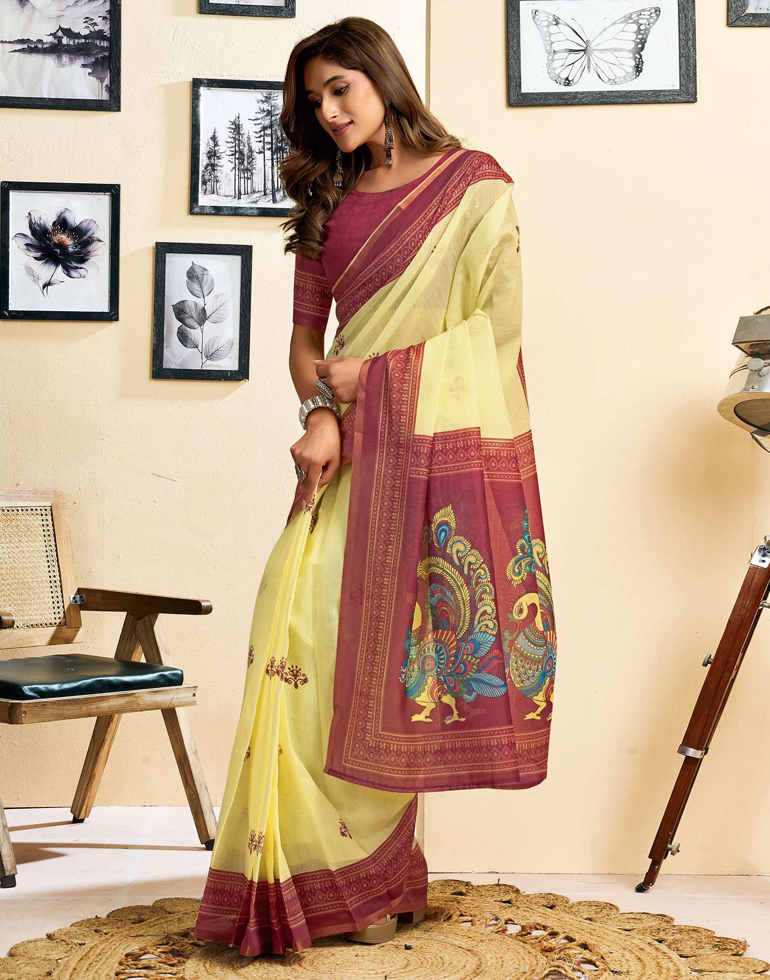 Ready To Wear Lemon Yellow Linen Printed Saree