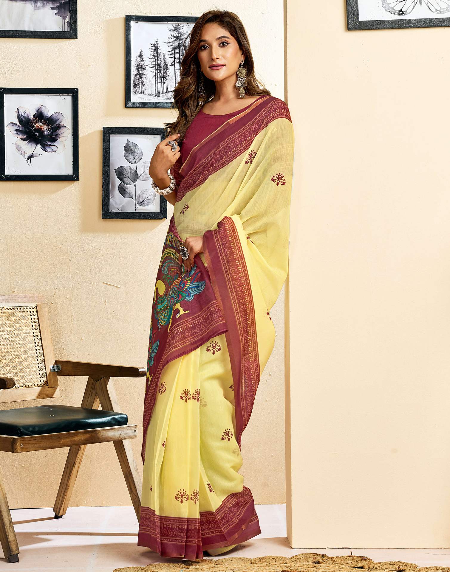 Ready To Wear Lemon Yellow Linen Printed Saree