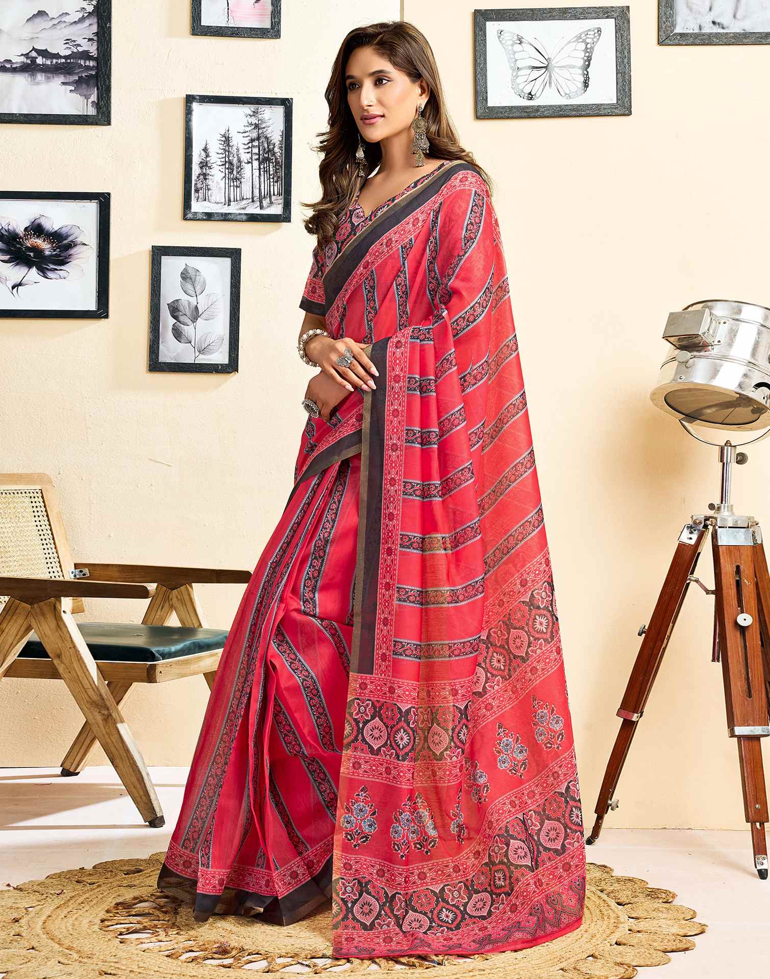 Ready To Wear Red Linen Printed Saree