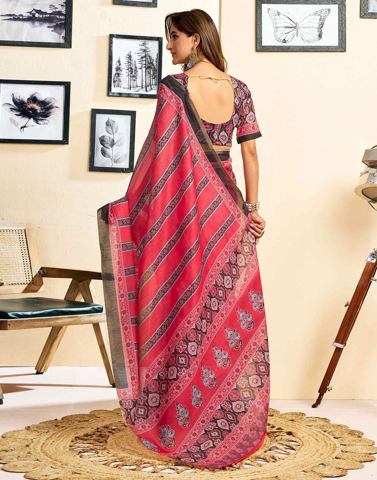 Ready To Wear Red Linen Printed Saree