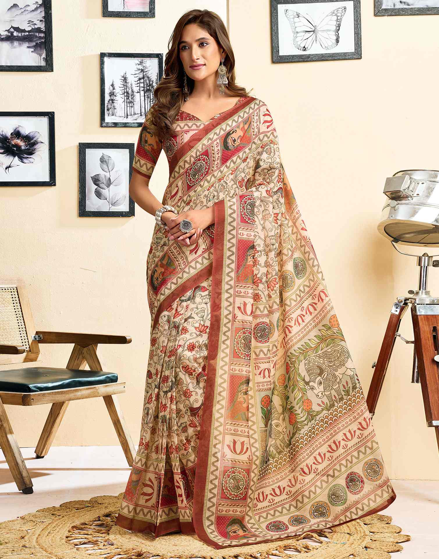 Ready To Wear Beige Linen Printed Saree