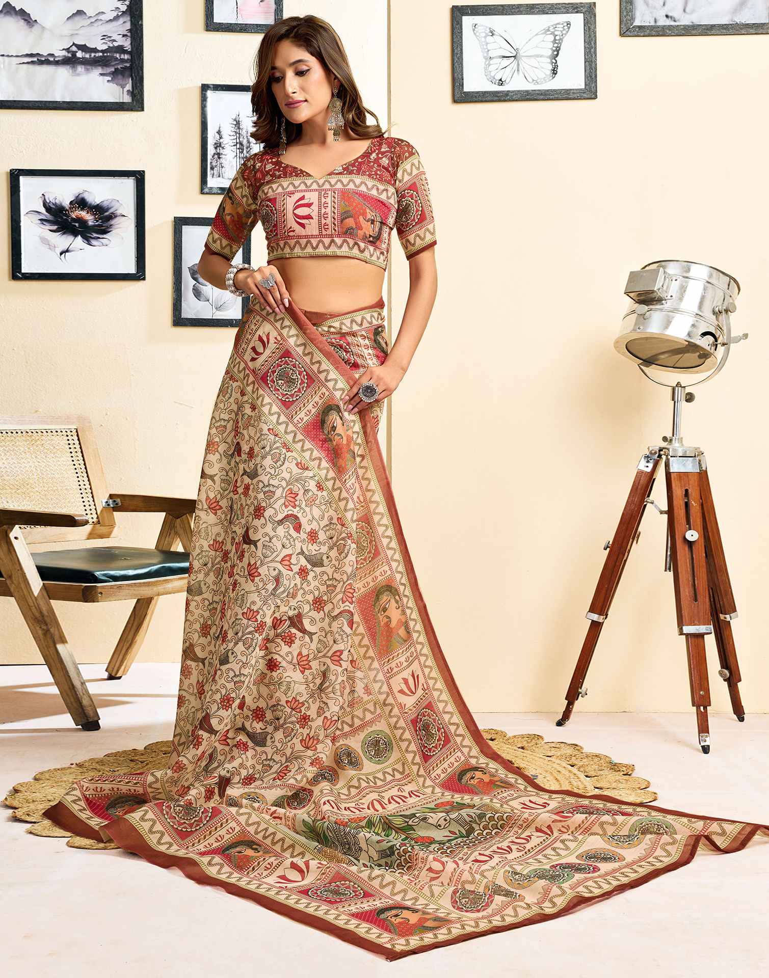 Ready To Wear Beige Linen Printed Saree