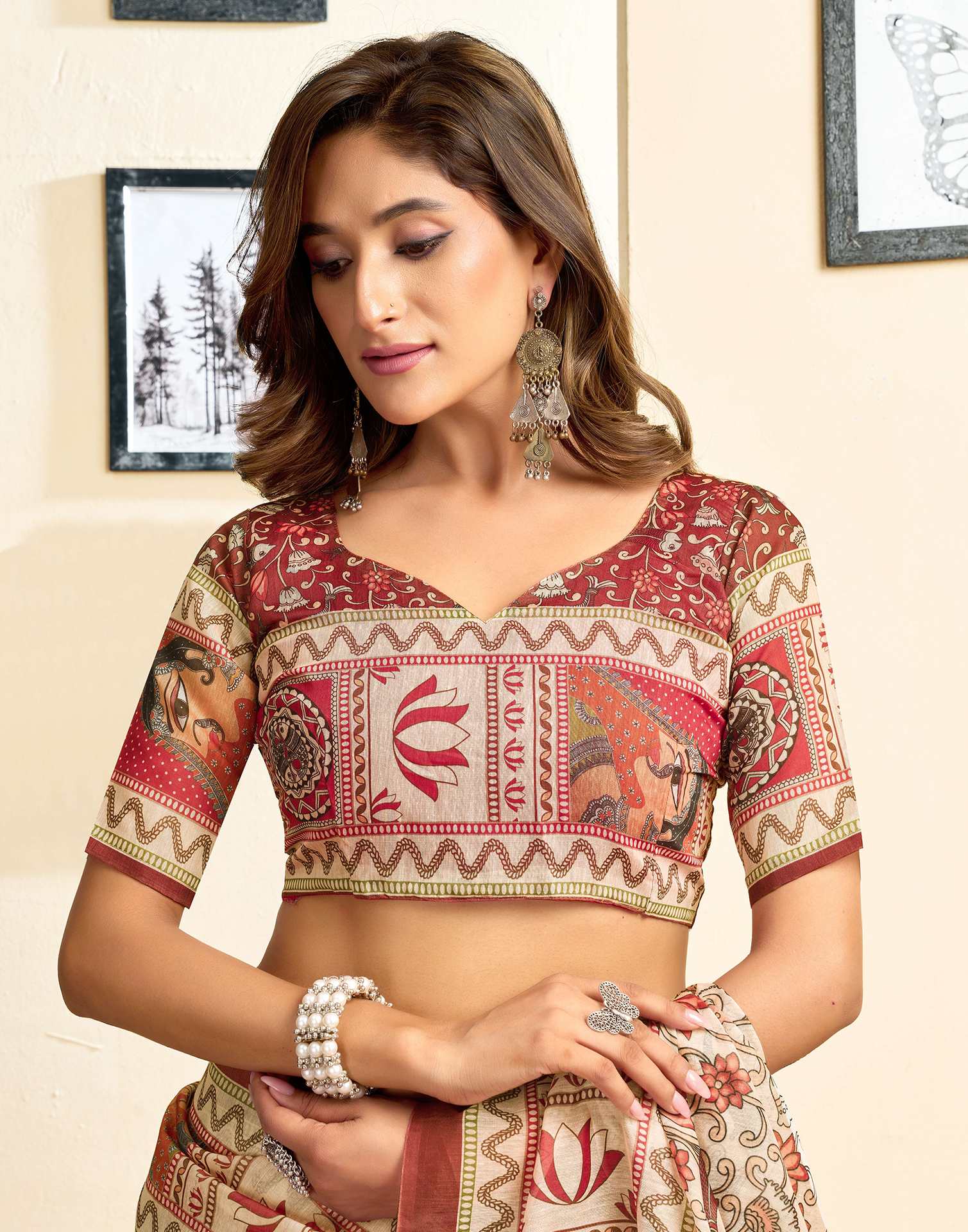 Ready To Wear Beige Linen Printed Saree