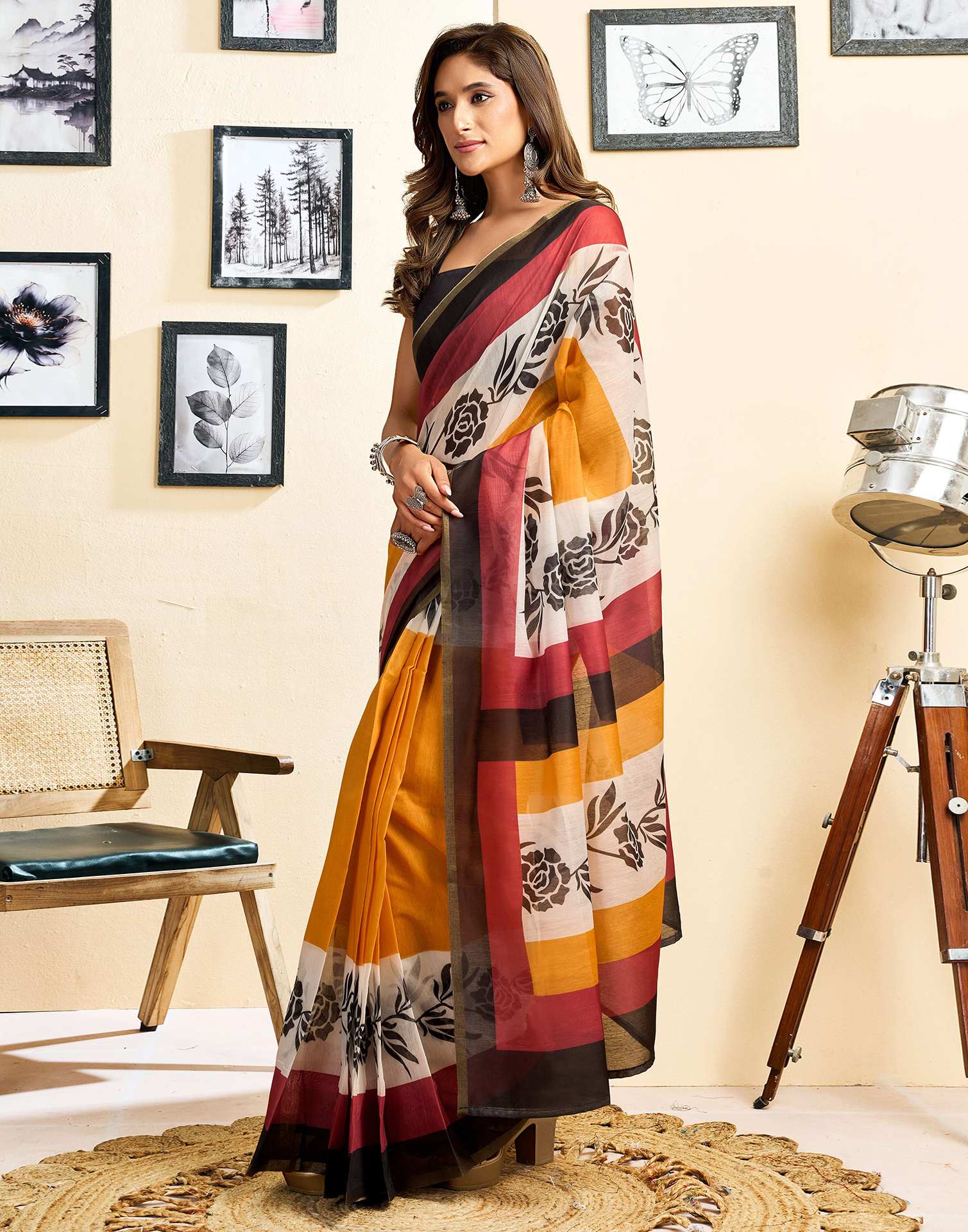Ready To Wear Yellow Linen Printed Saree