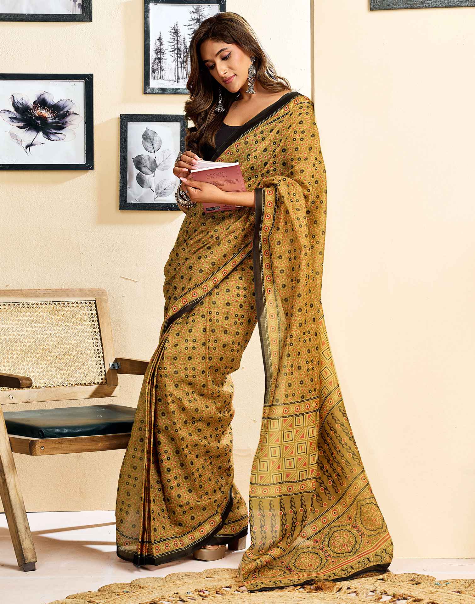 Ready To Wear Mustard Yellow Linen Printed Saree
