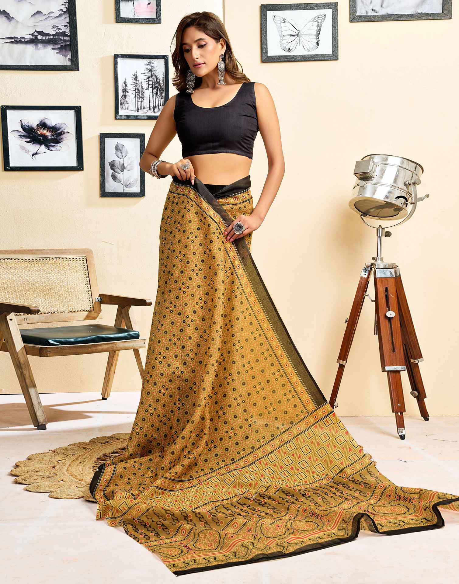 Ready To Wear Mustard Yellow Linen Printed Saree