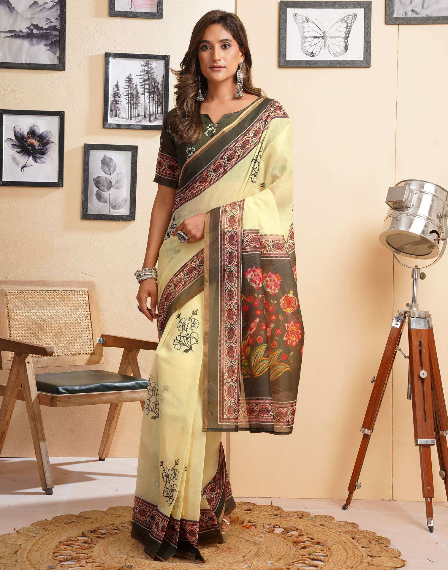 Ready To Wear Light Yellow Linen Floral Printed Saree