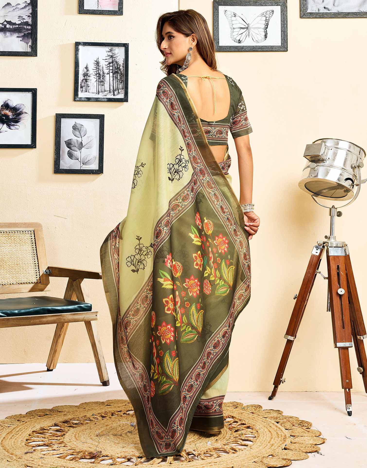 Ready To Wear Light Yellow Linen Floral Printed Saree