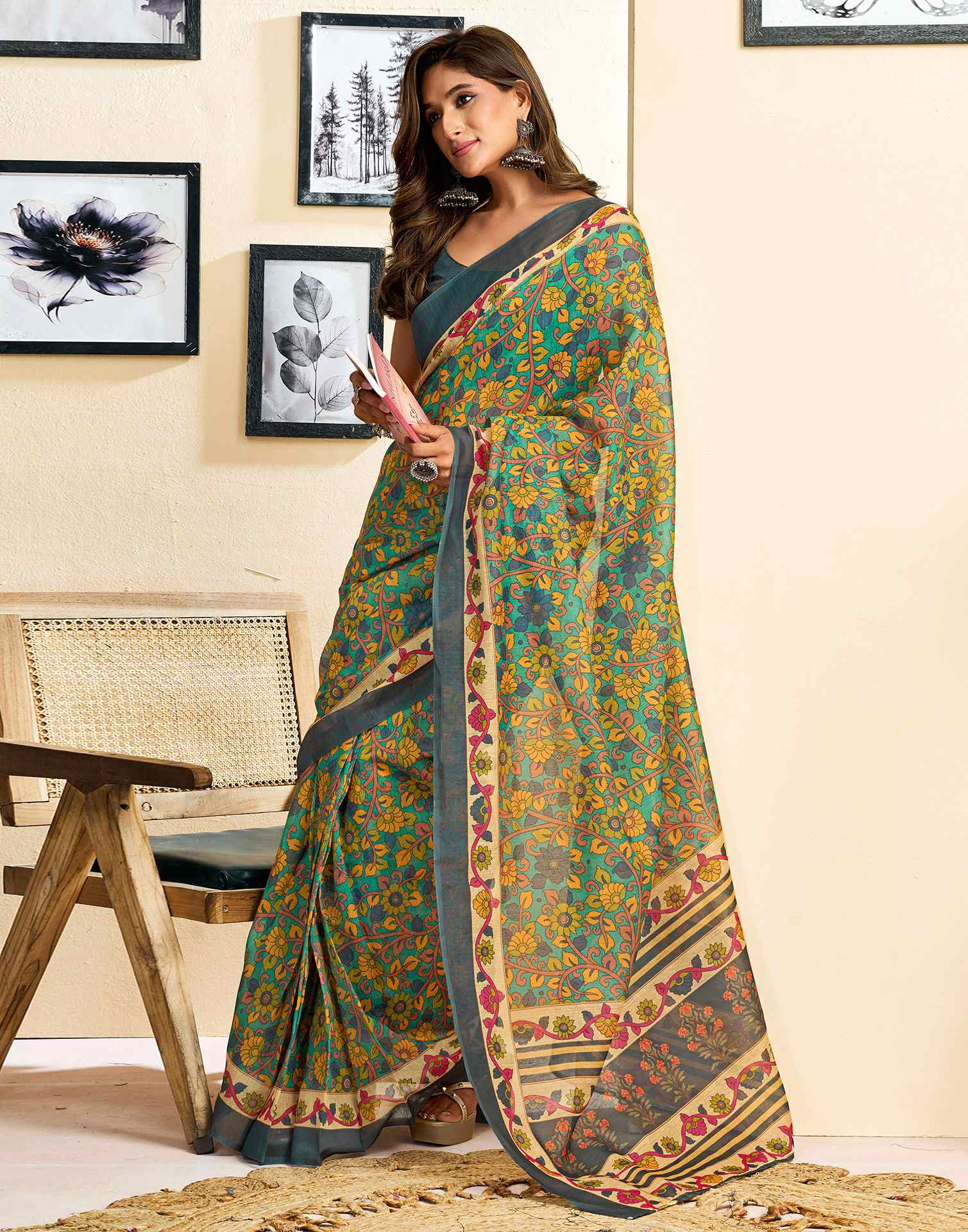 Ready To Wear Turquoise Linen Printed Saree