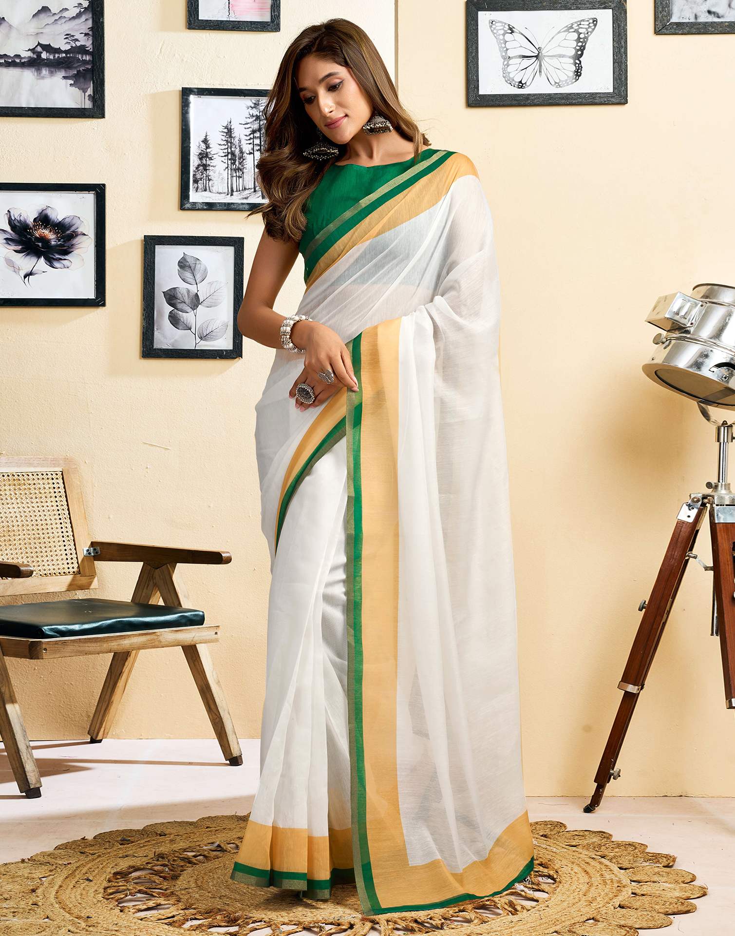 Ready To Wear White Linen Printed Saree