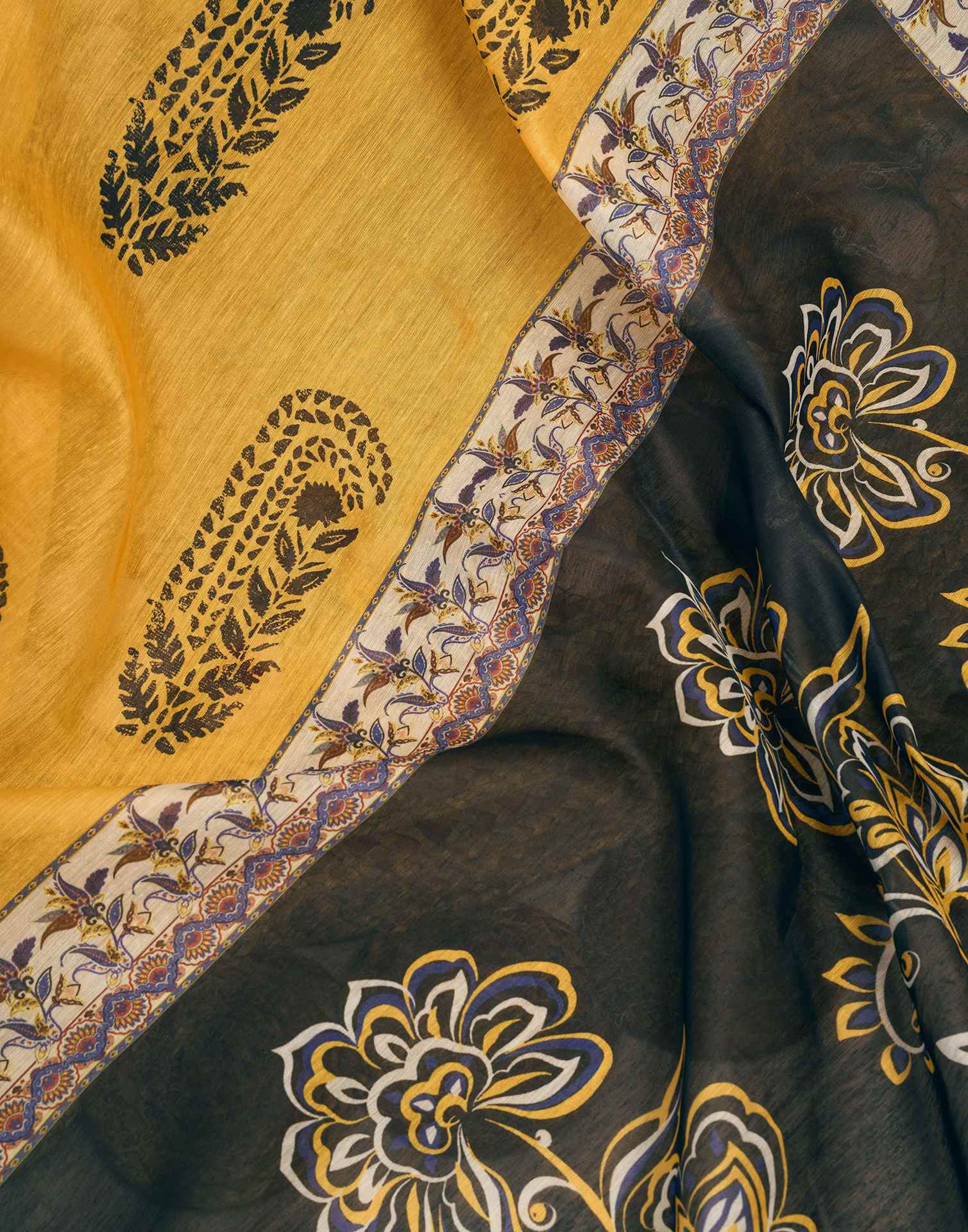 Ready To Wear Yellow Linen Printed Saree