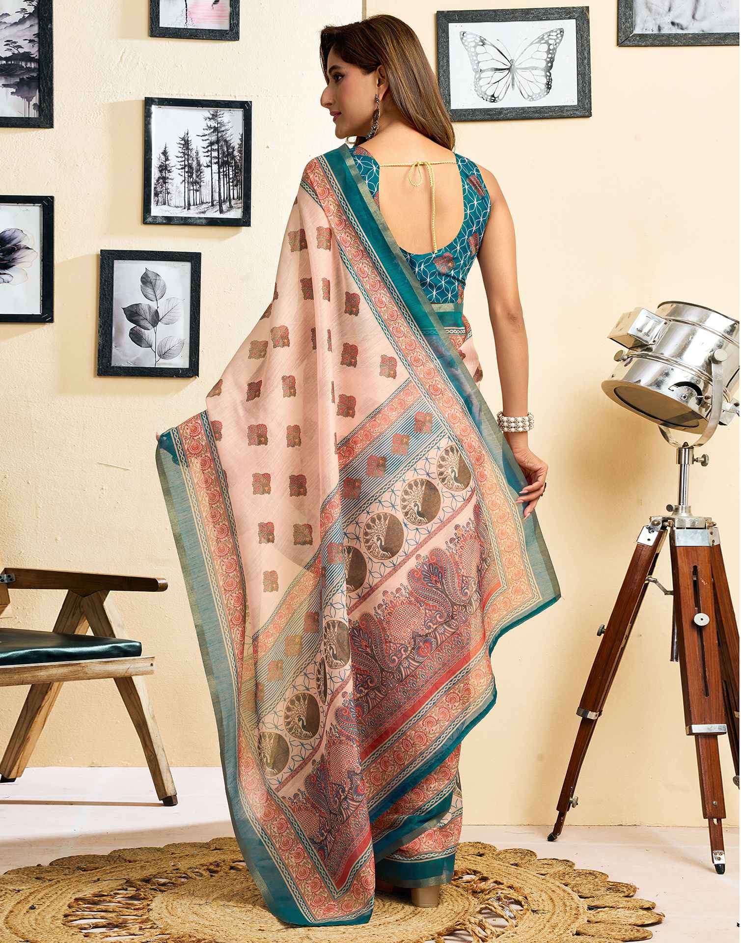 Ready To Wear Peach Linen Printed Saree