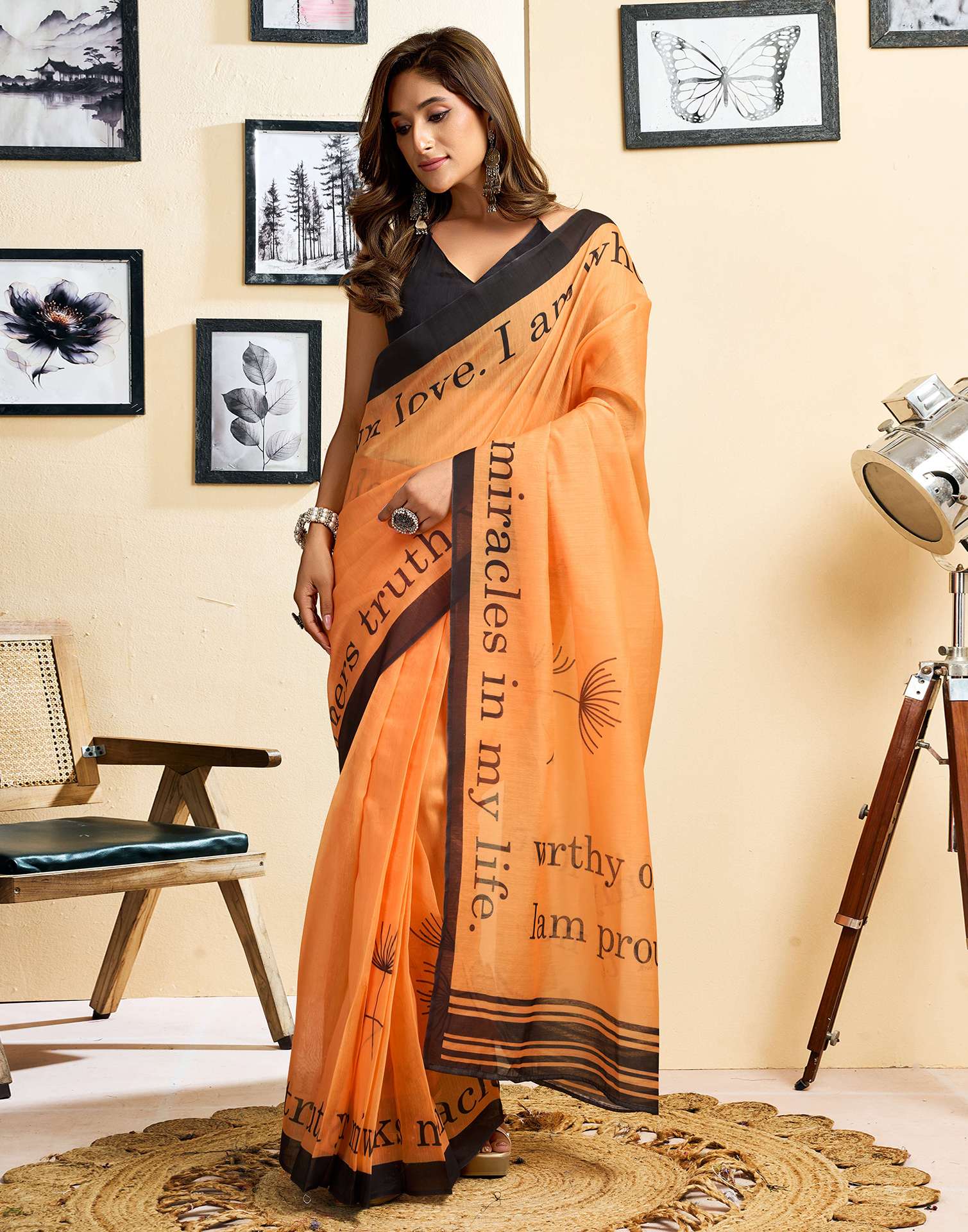 Ready To Wear Light Orange Linen Printed Saree