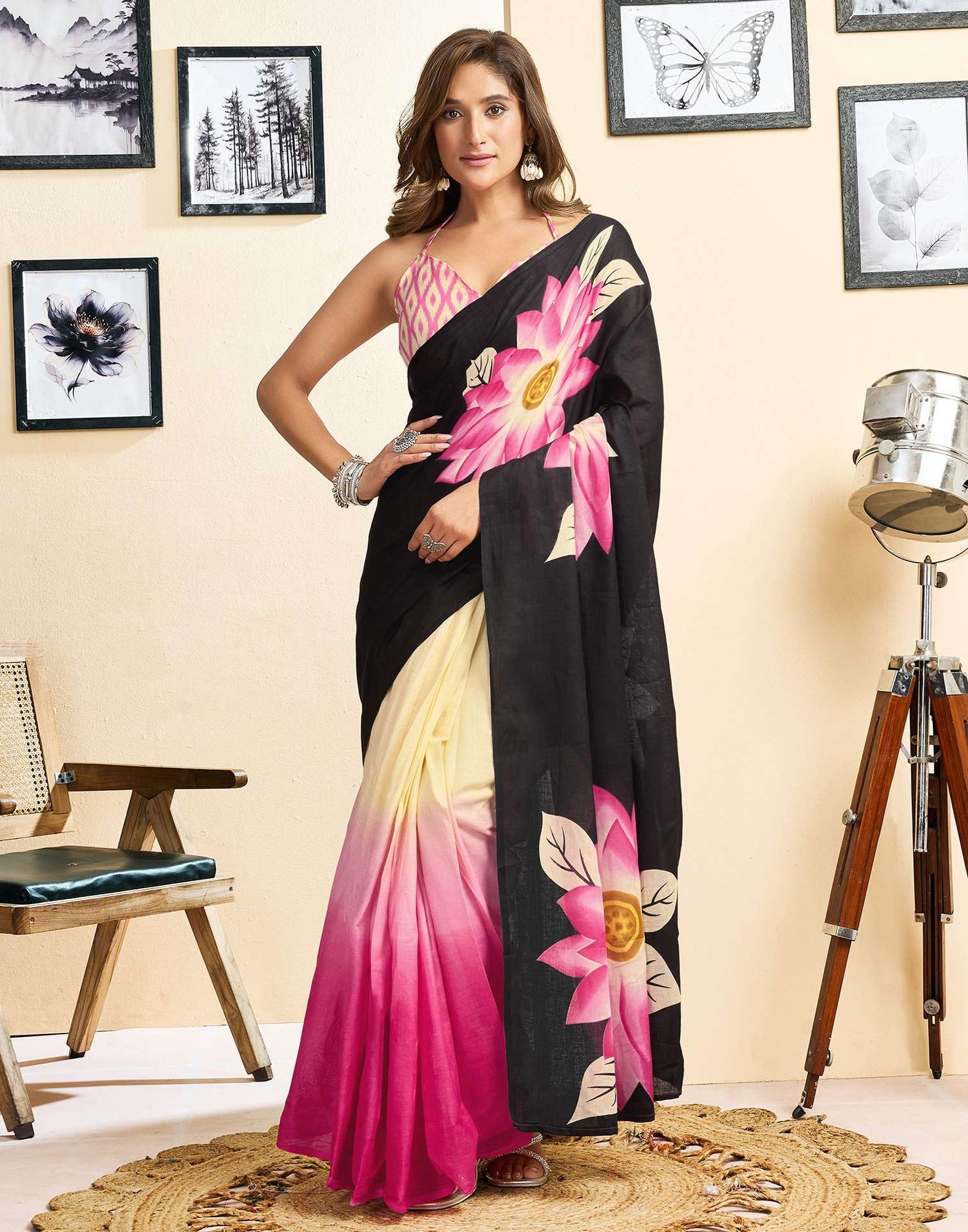 Ready To Wear Pink Cotton Floral Printed Saree With Pocket