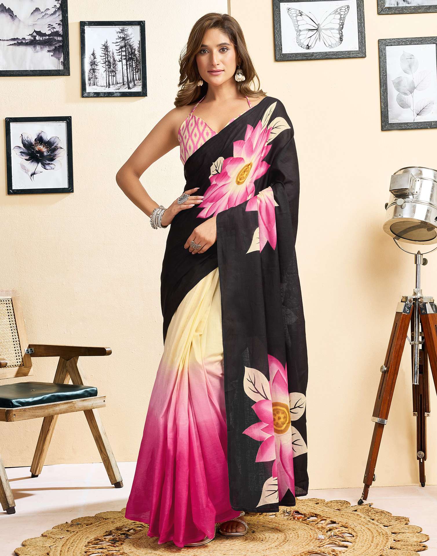 Ready To Wear Pink Cotton Floral Printed Saree With Pocket