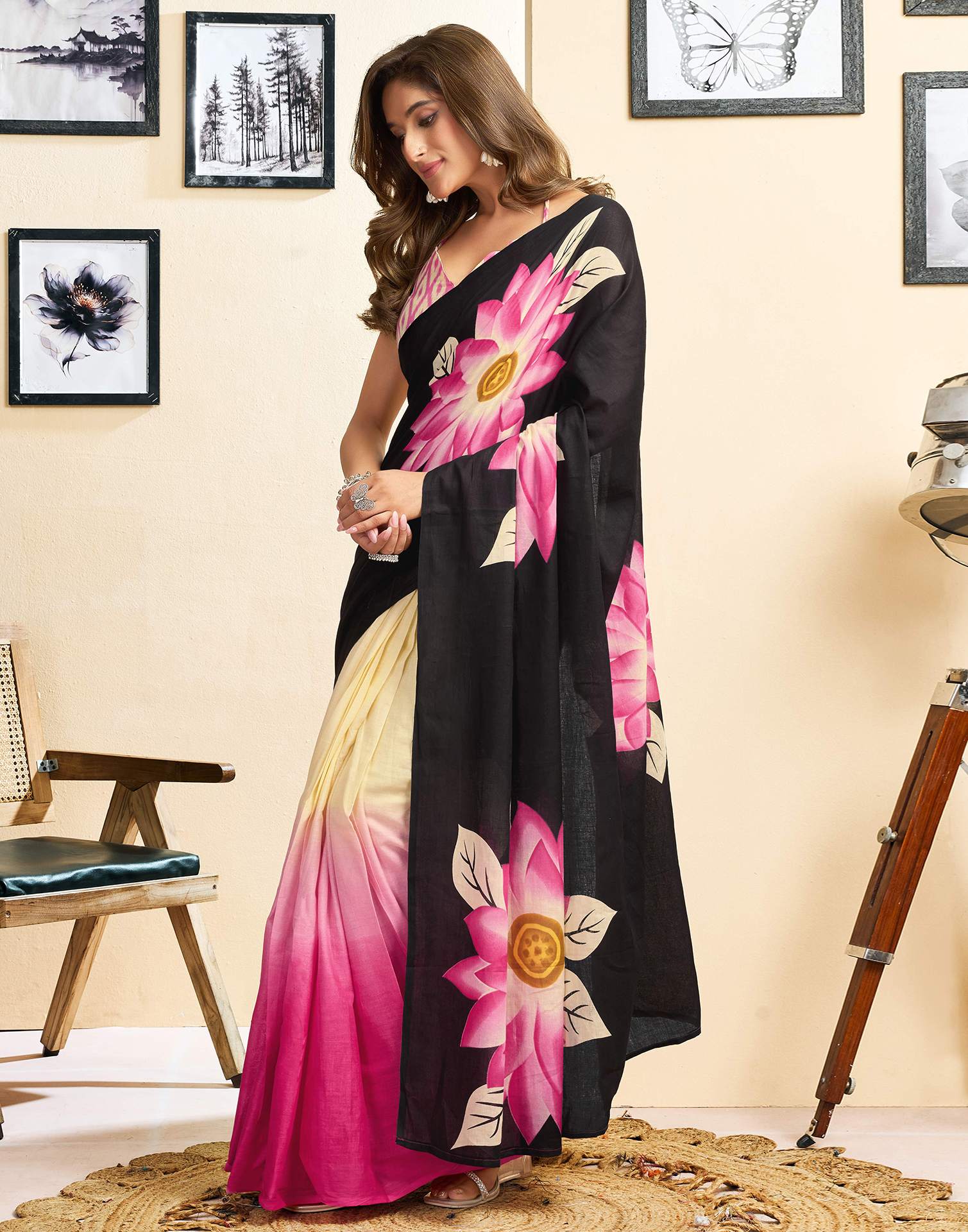 Ready To Wear Pink Cotton Floral Printed Saree With Pocket