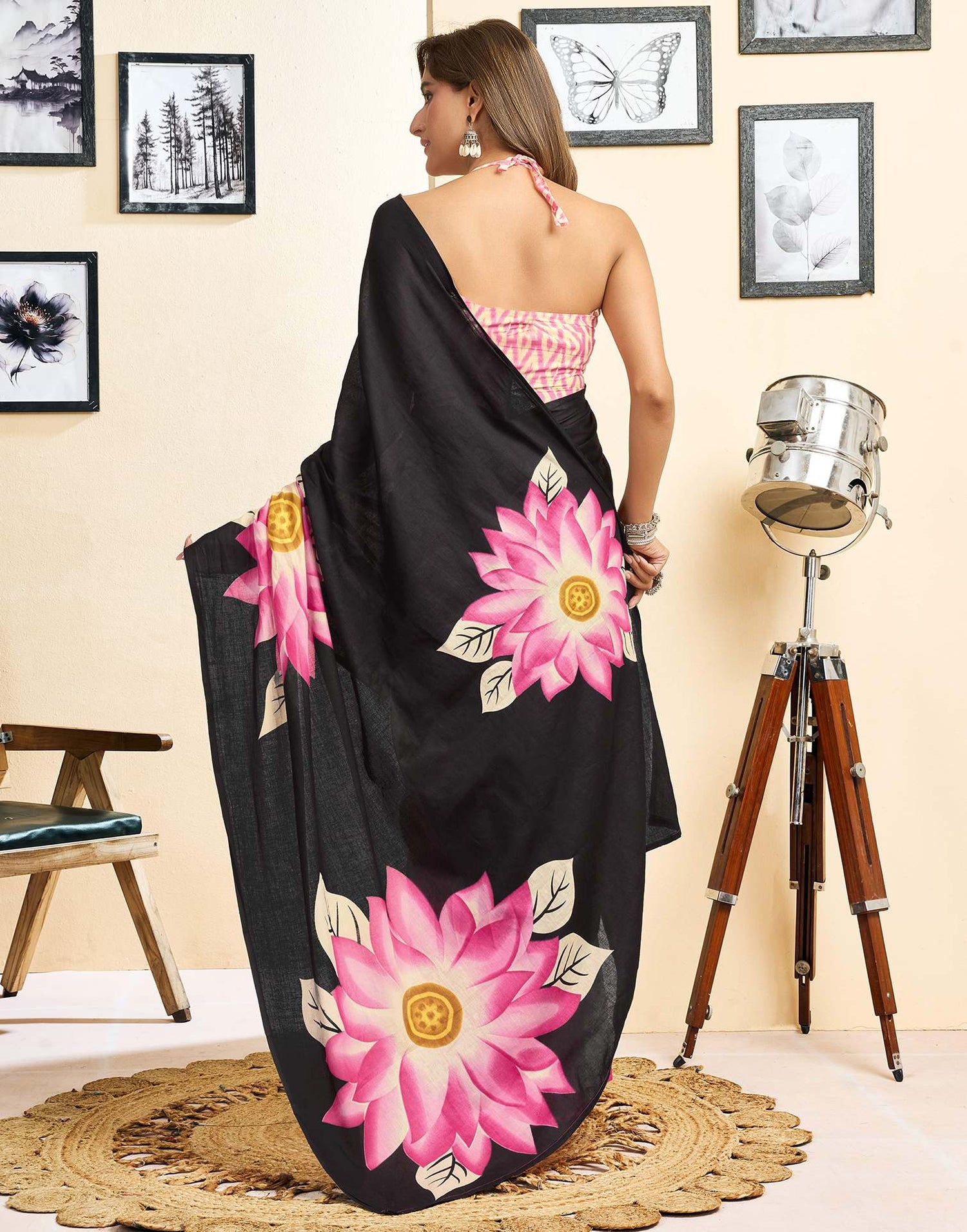 Ready To Wear Pink Cotton Floral Printed Saree With Pocket