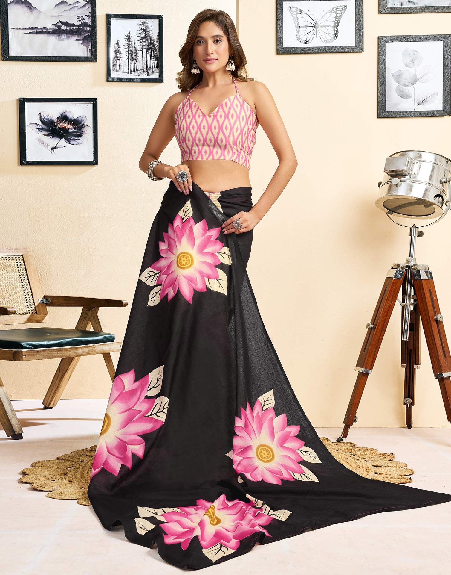 Ready To Wear Pink Cotton Floral Printed Saree With Pocket