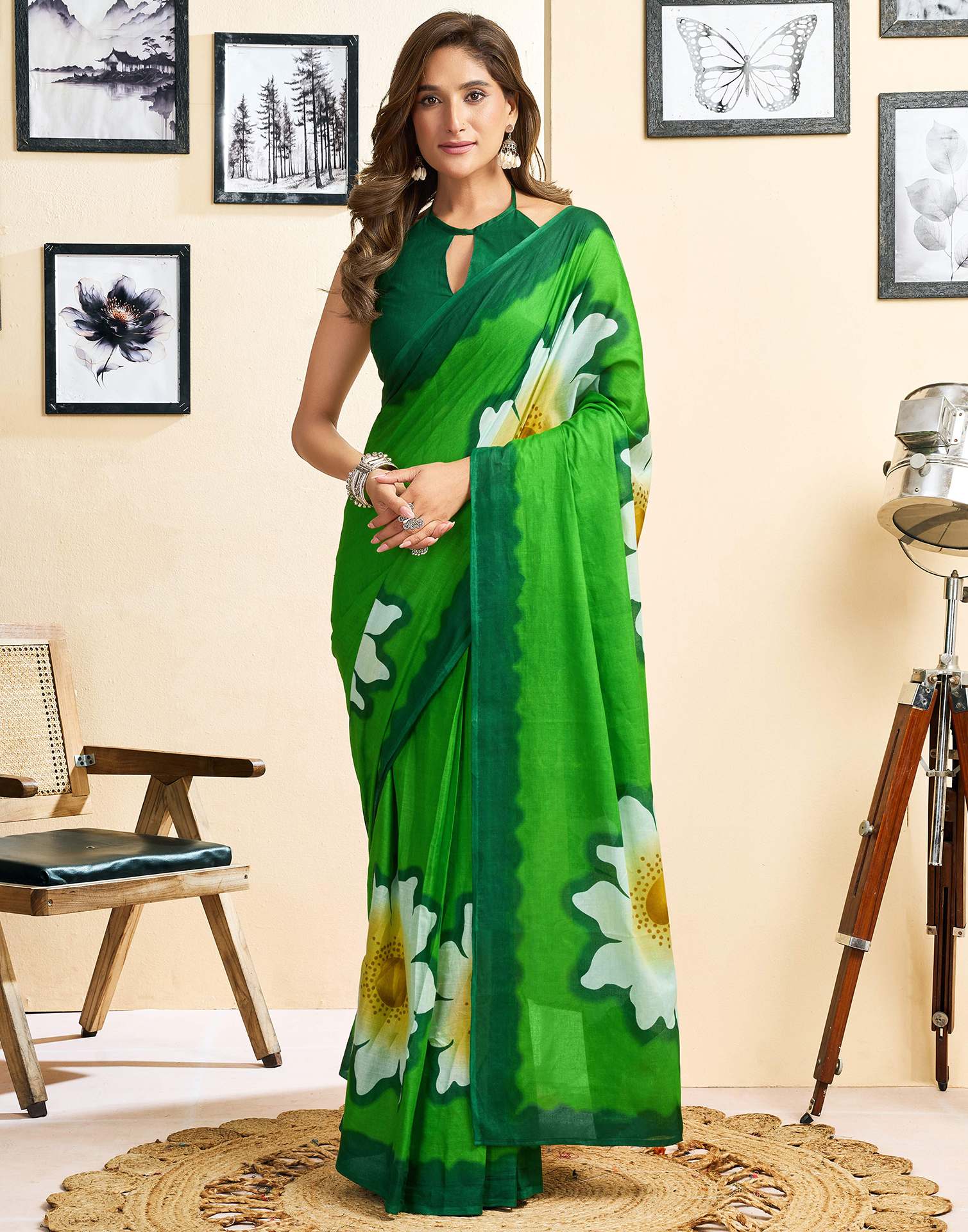 Ready To Wear Green Cotton Floral Printed Saree With Pocket
