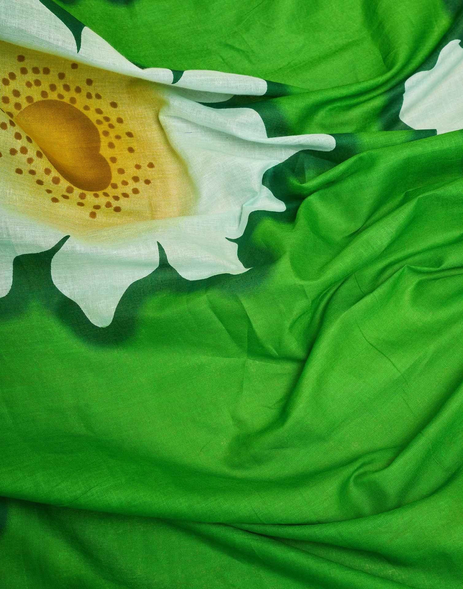 Ready To Wear Green Cotton Floral Printed Saree With Pocket