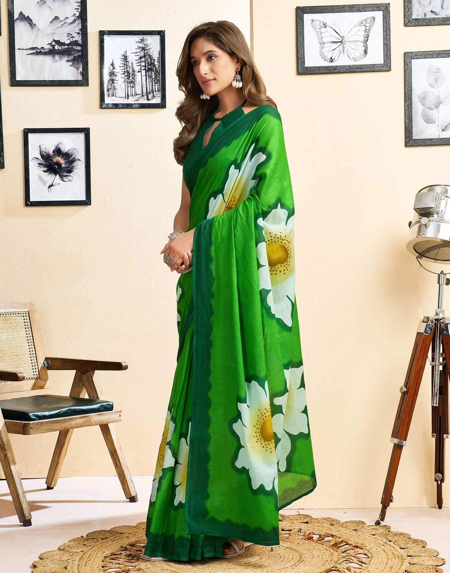 Ready To Wear Green Cotton Floral Printed Saree With Pocket