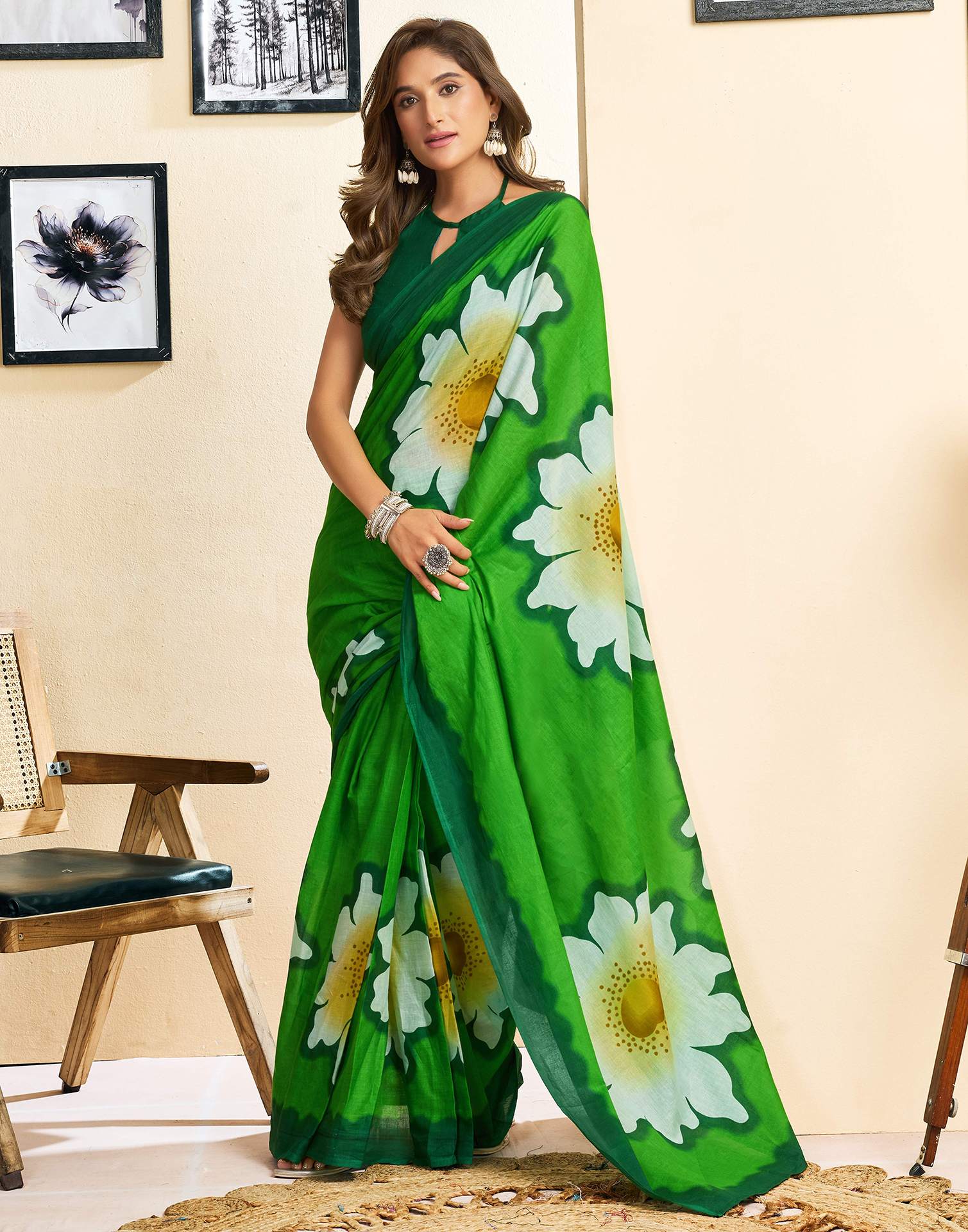 Ready To Wear Green Cotton Floral Printed Saree With Pocket