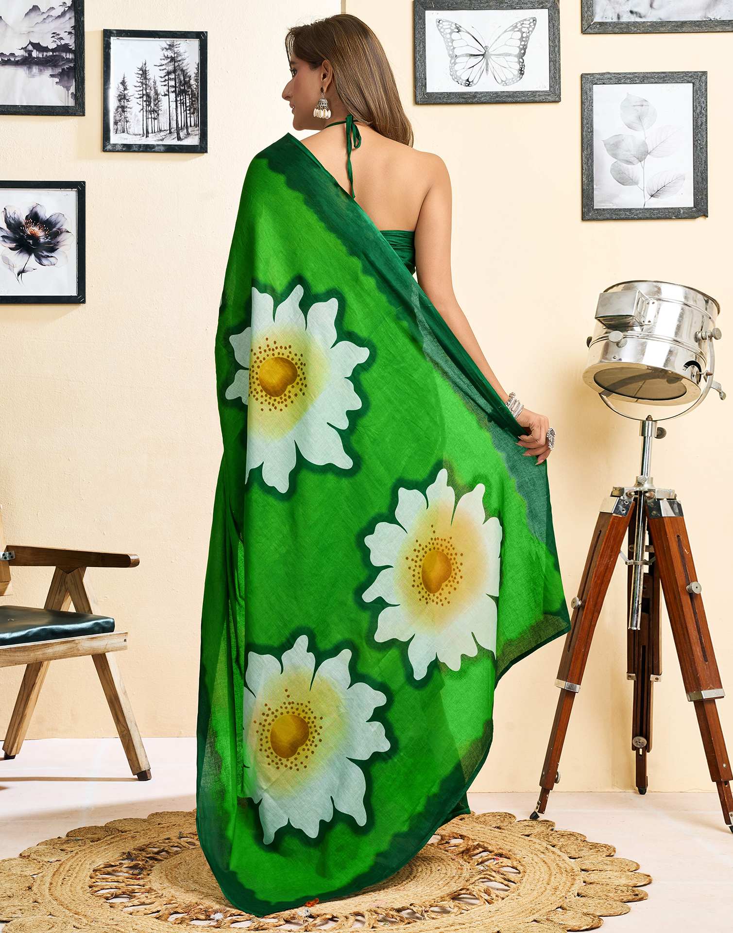 Ready To Wear Green Cotton Floral Printed Saree With Pocket