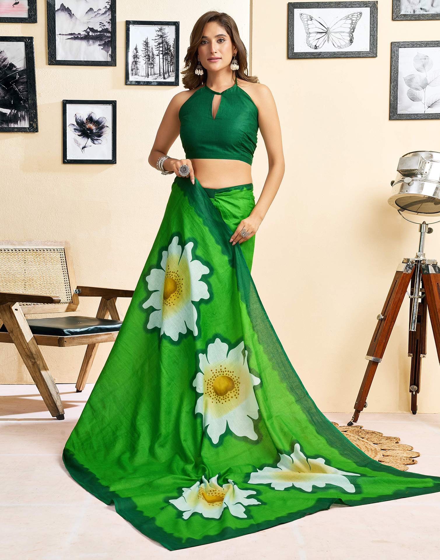 Ready To Wear Green Cotton Floral Printed Saree With Pocket