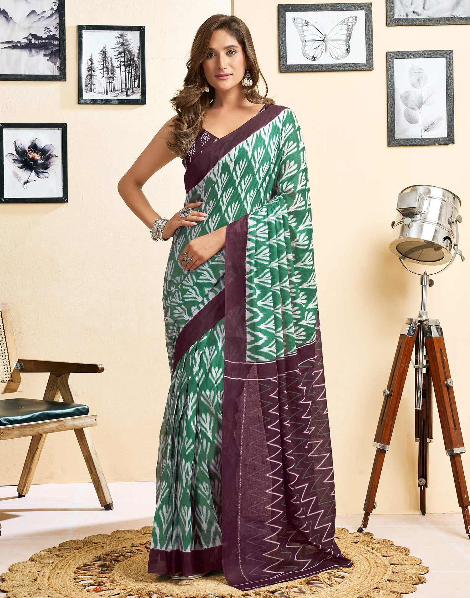 Ready To Wear Green Cotton Printed Saree