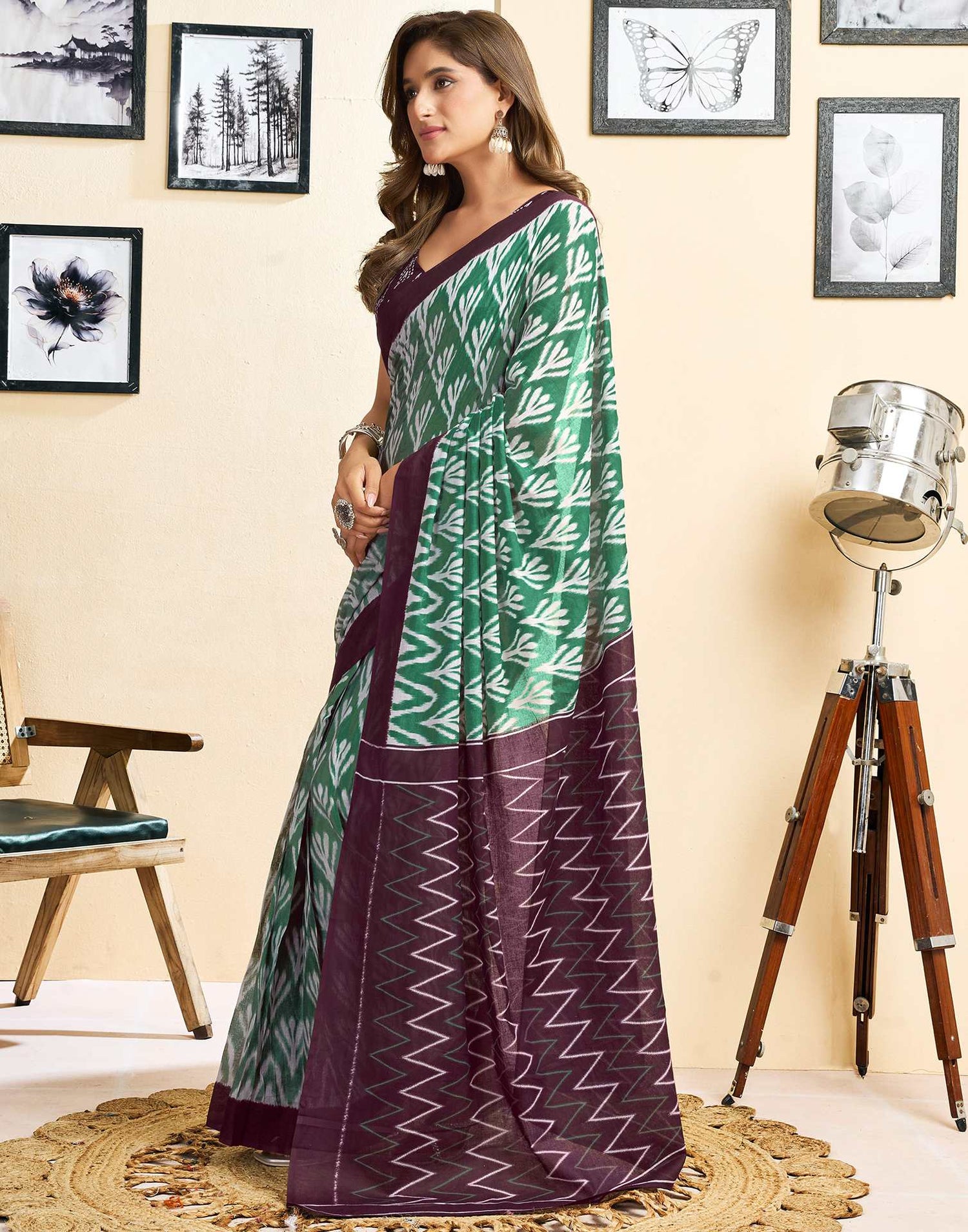 Ready To Wear Green Cotton Printed Saree