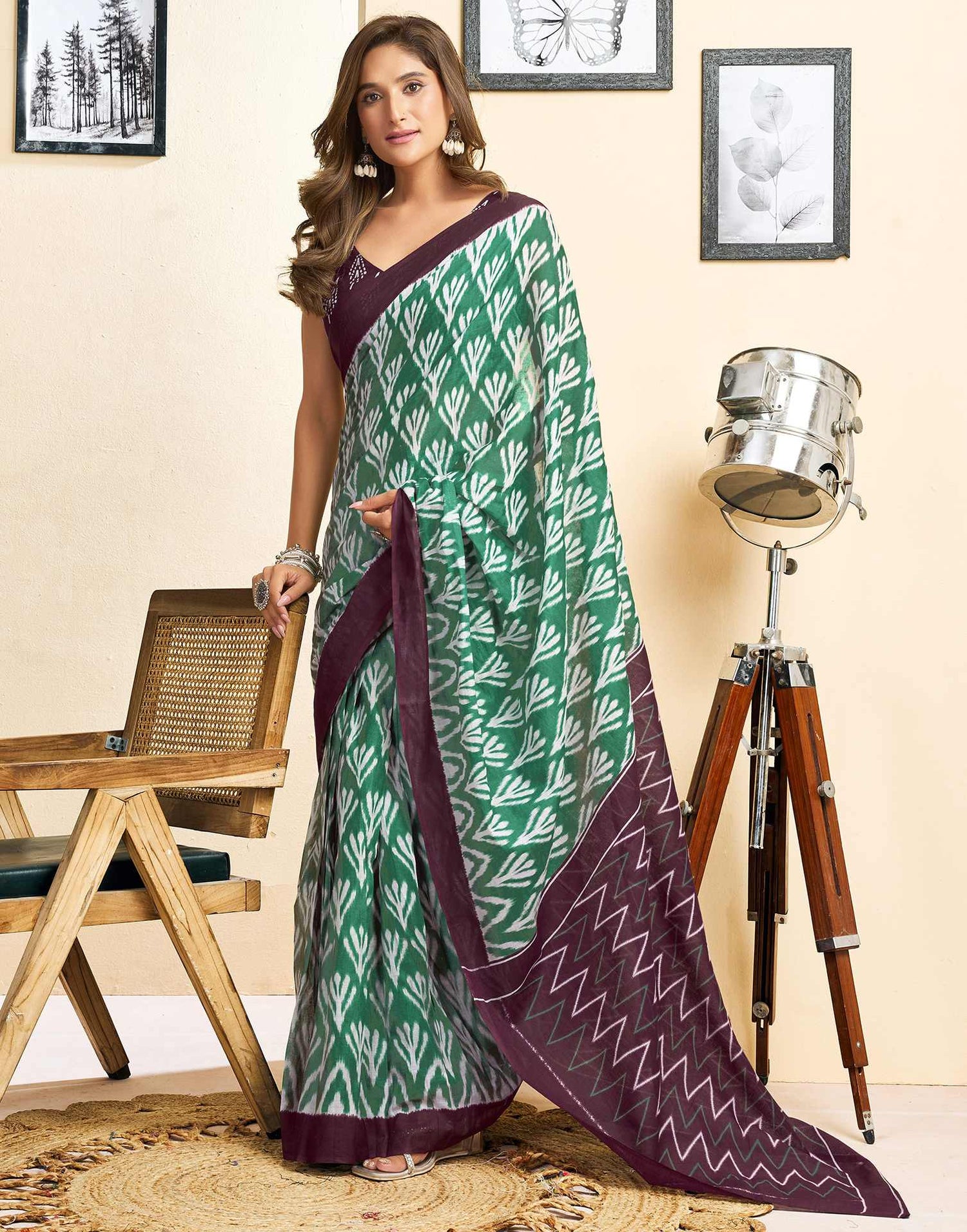 Ready To Wear Green Cotton Printed Saree