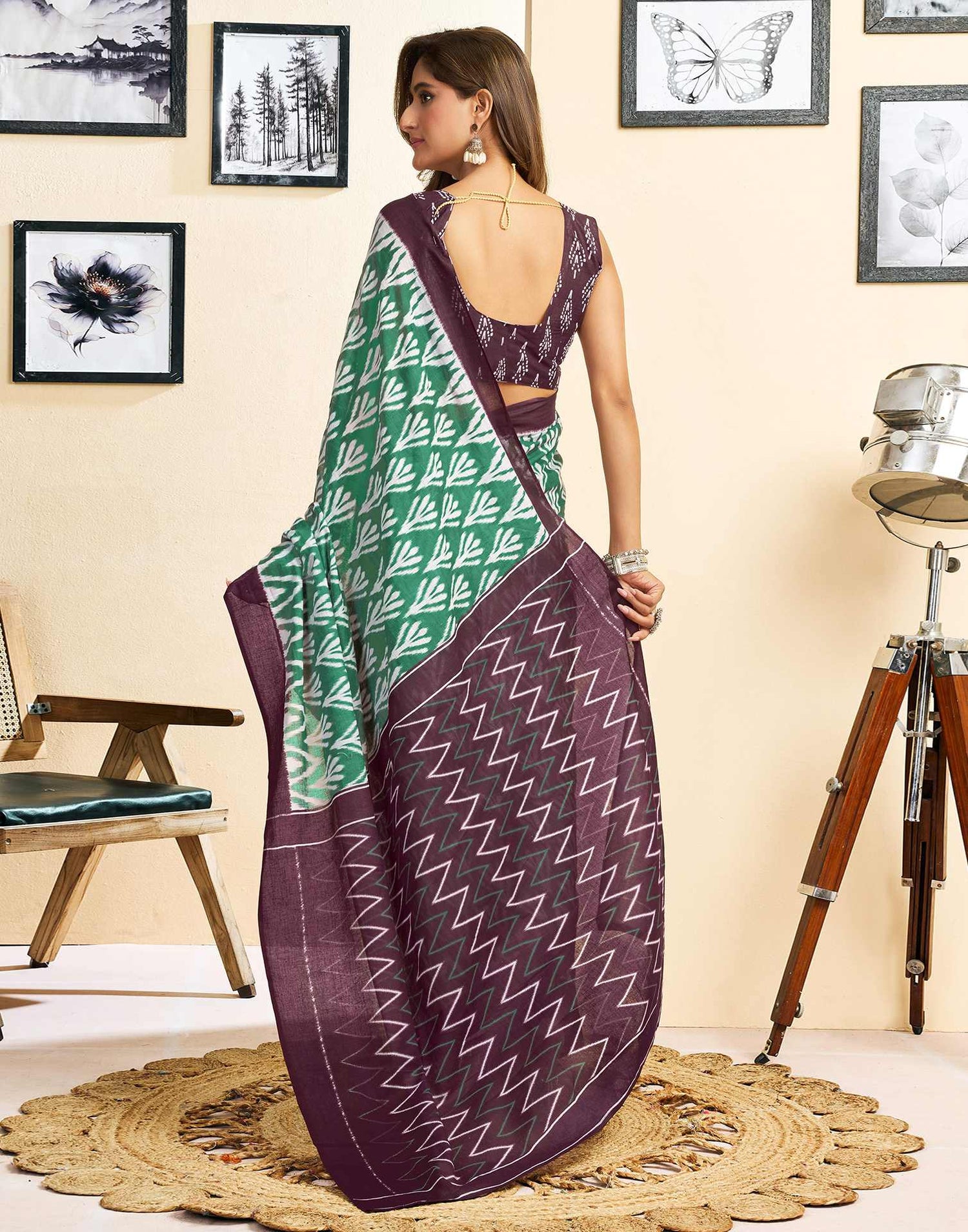 Ready To Wear Green Cotton Printed Saree