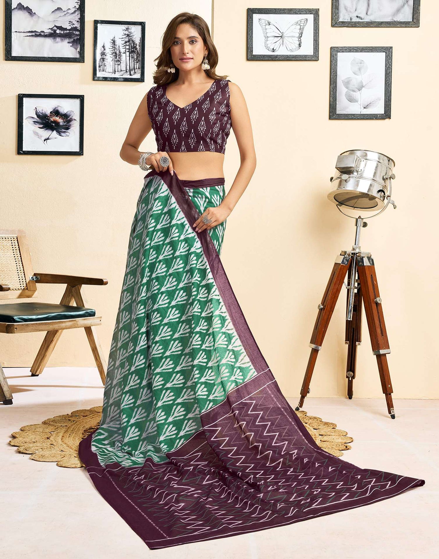 Ready To Wear Green Cotton Printed Saree