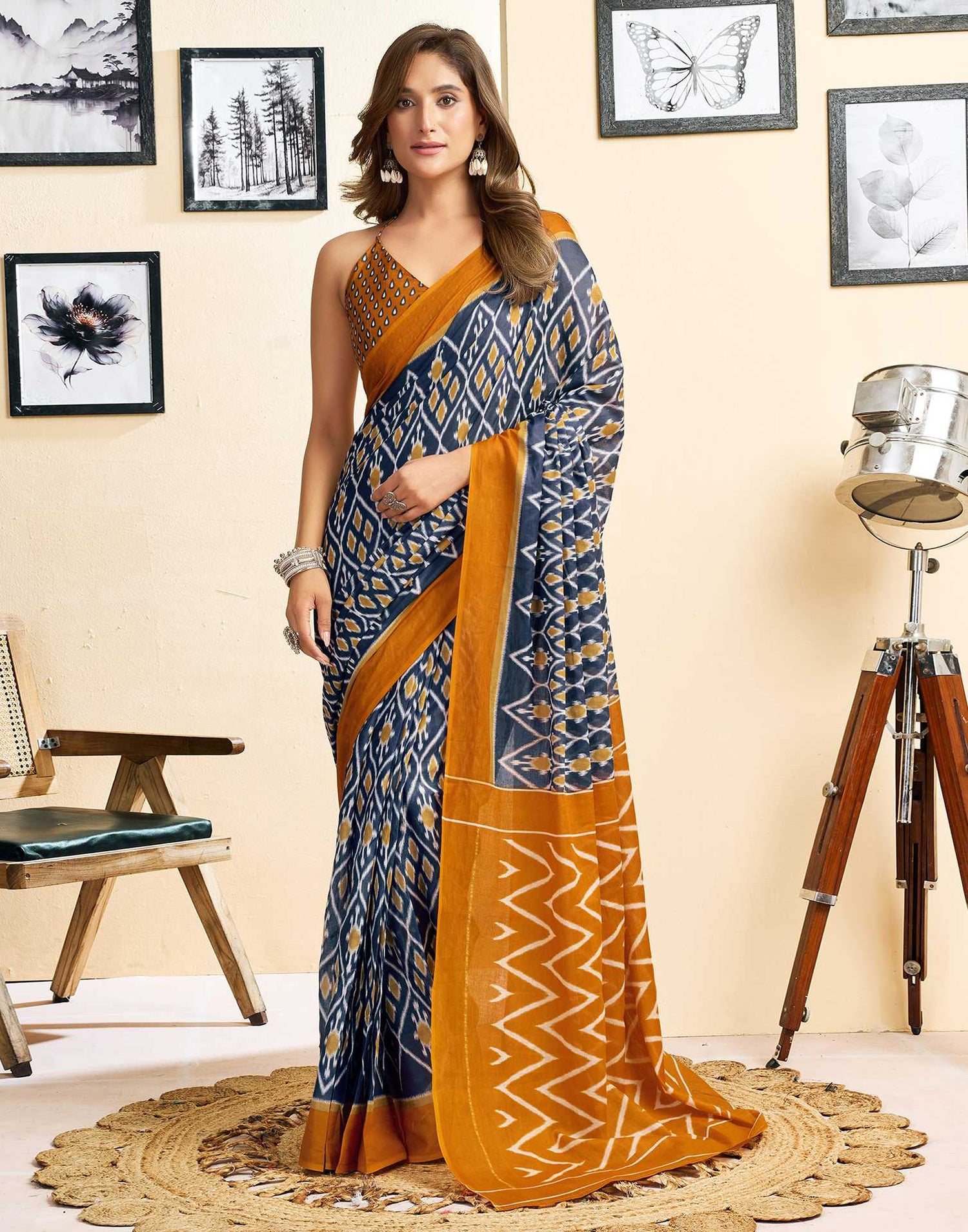Ready To Wear Blue Cotton Printed Saree