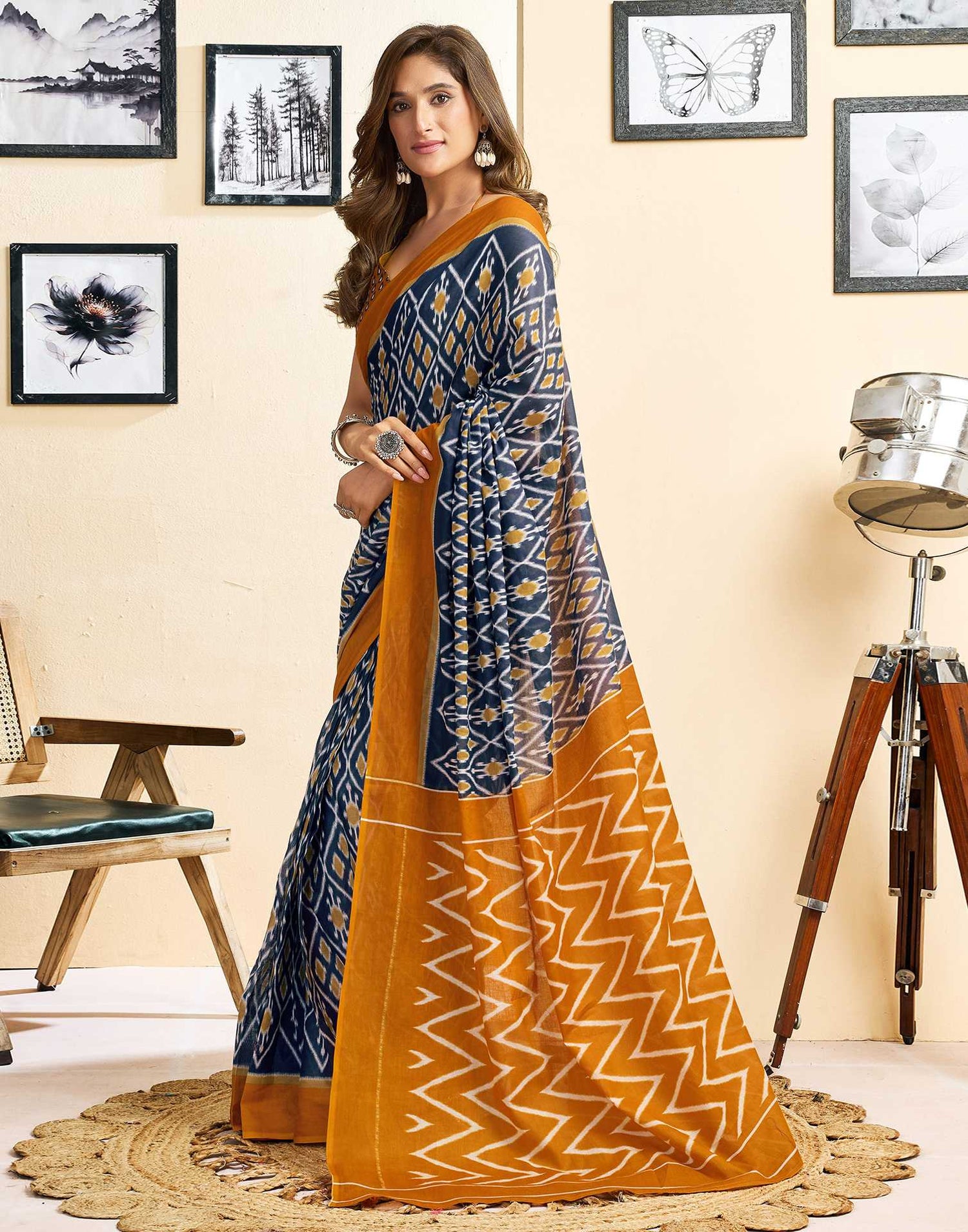 Ready To Wear Blue Cotton Printed Saree