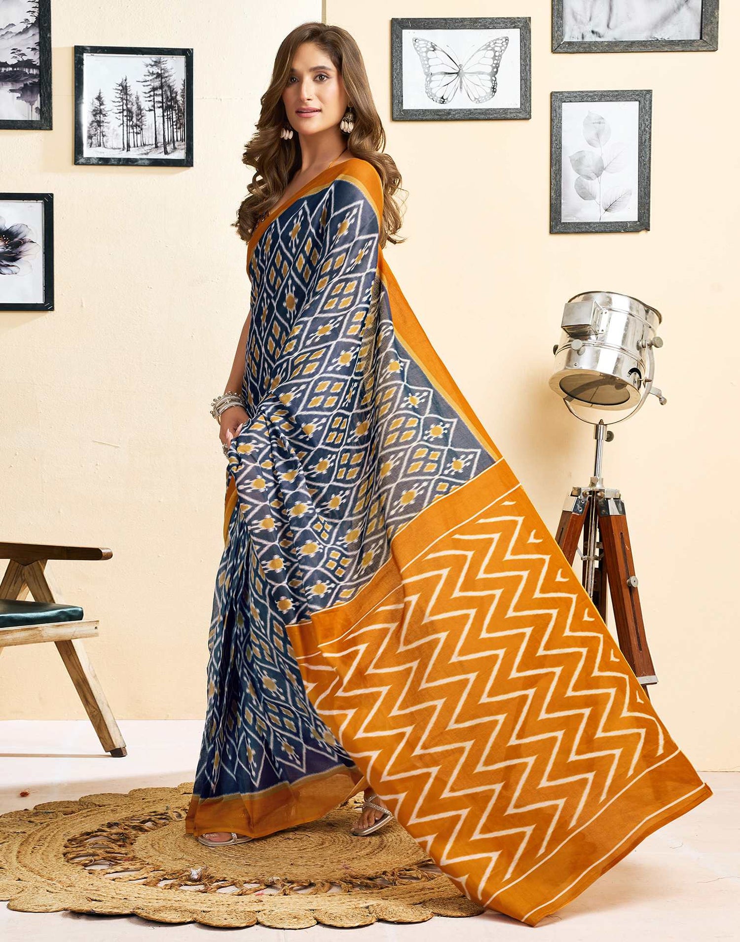 Ready To Wear Blue Cotton Printed Saree