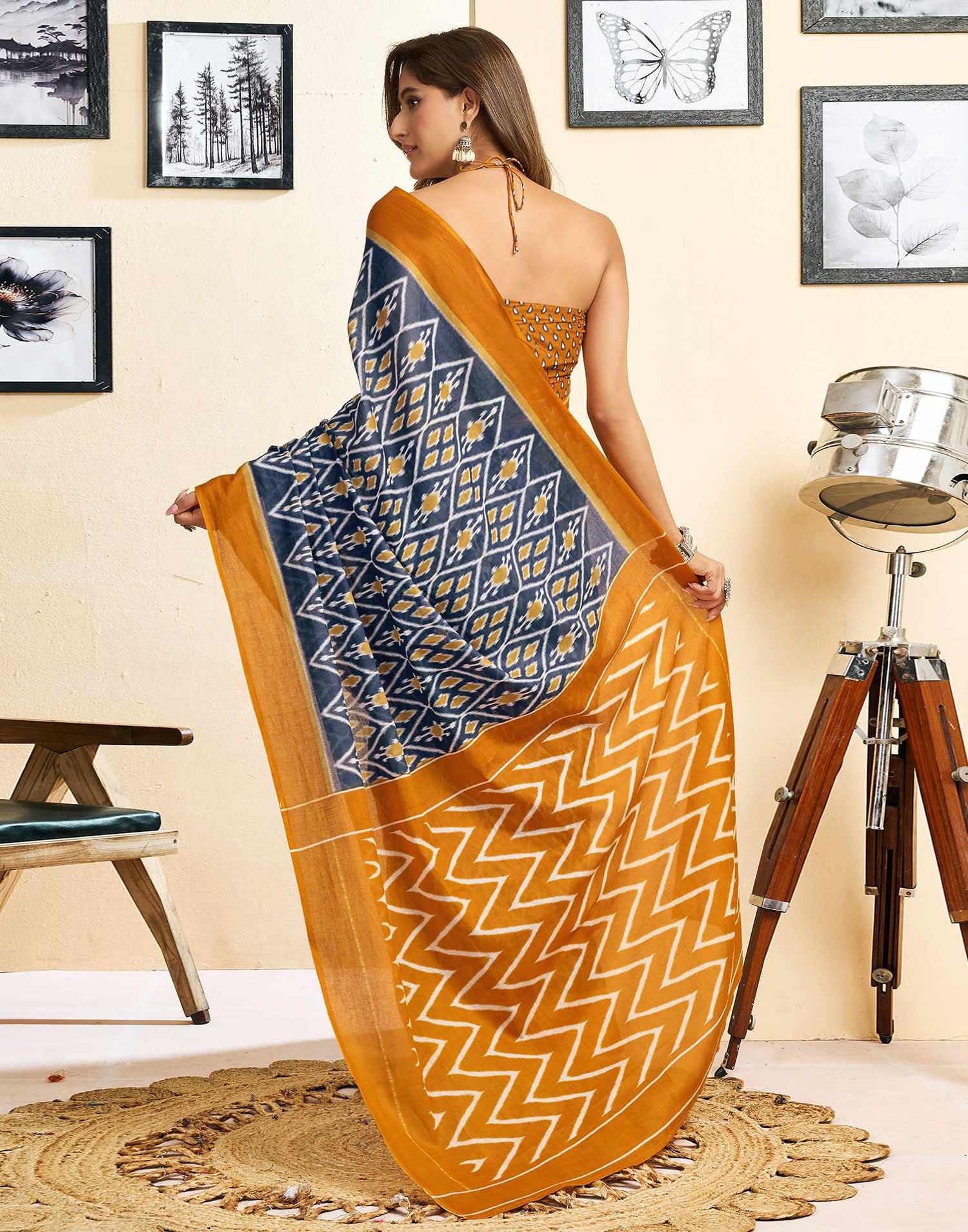 Ready To Wear Blue Cotton Printed Saree